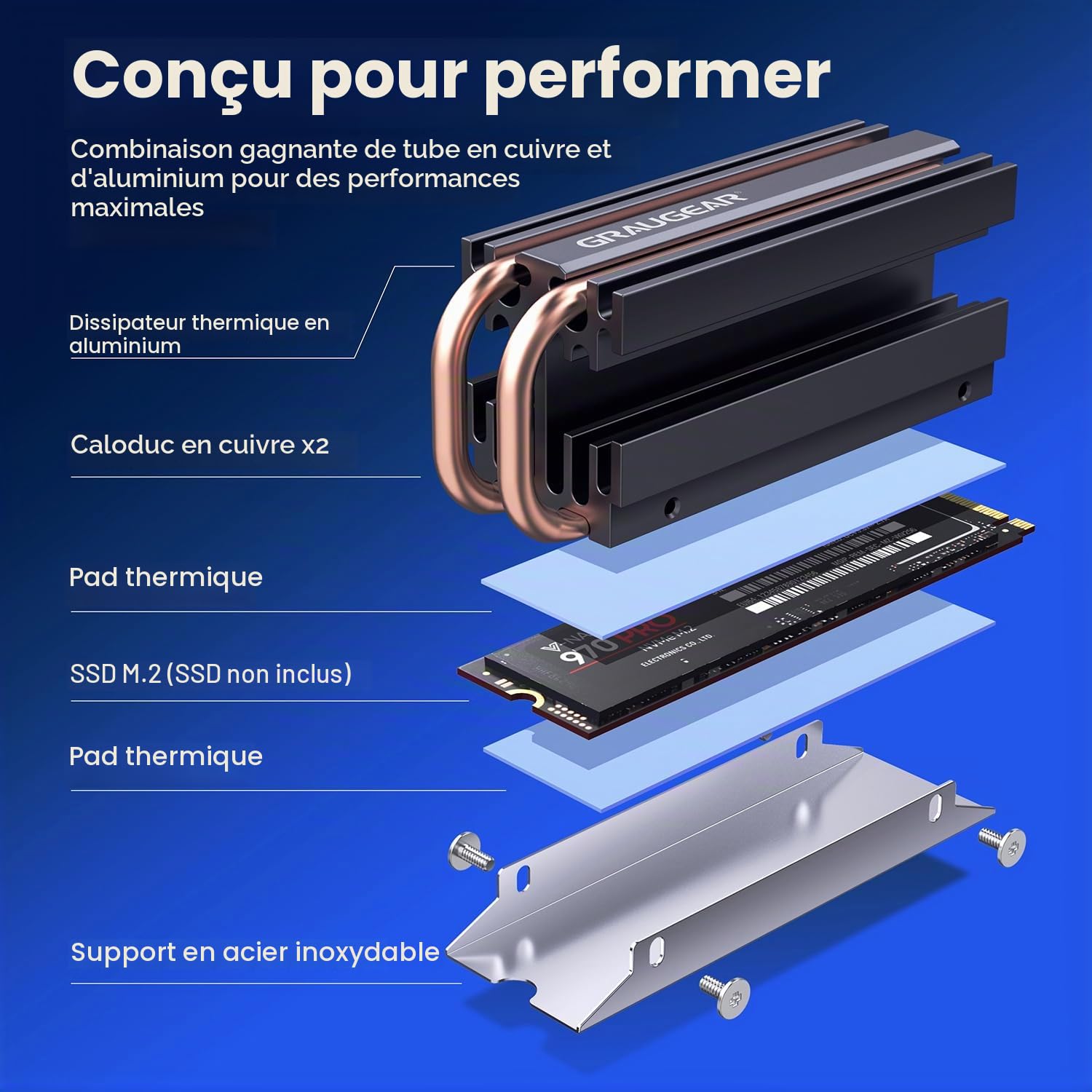 GRAUGEAR Pack de refroidissement M.2 SSD pour PS5 Slim, coque fine de ventilation PS5 et dissipateur thermique Open Air PS5 SSD, refroidisseur de caloduc pour PS5 M.2 SSD, caloduc en cuivre pur,