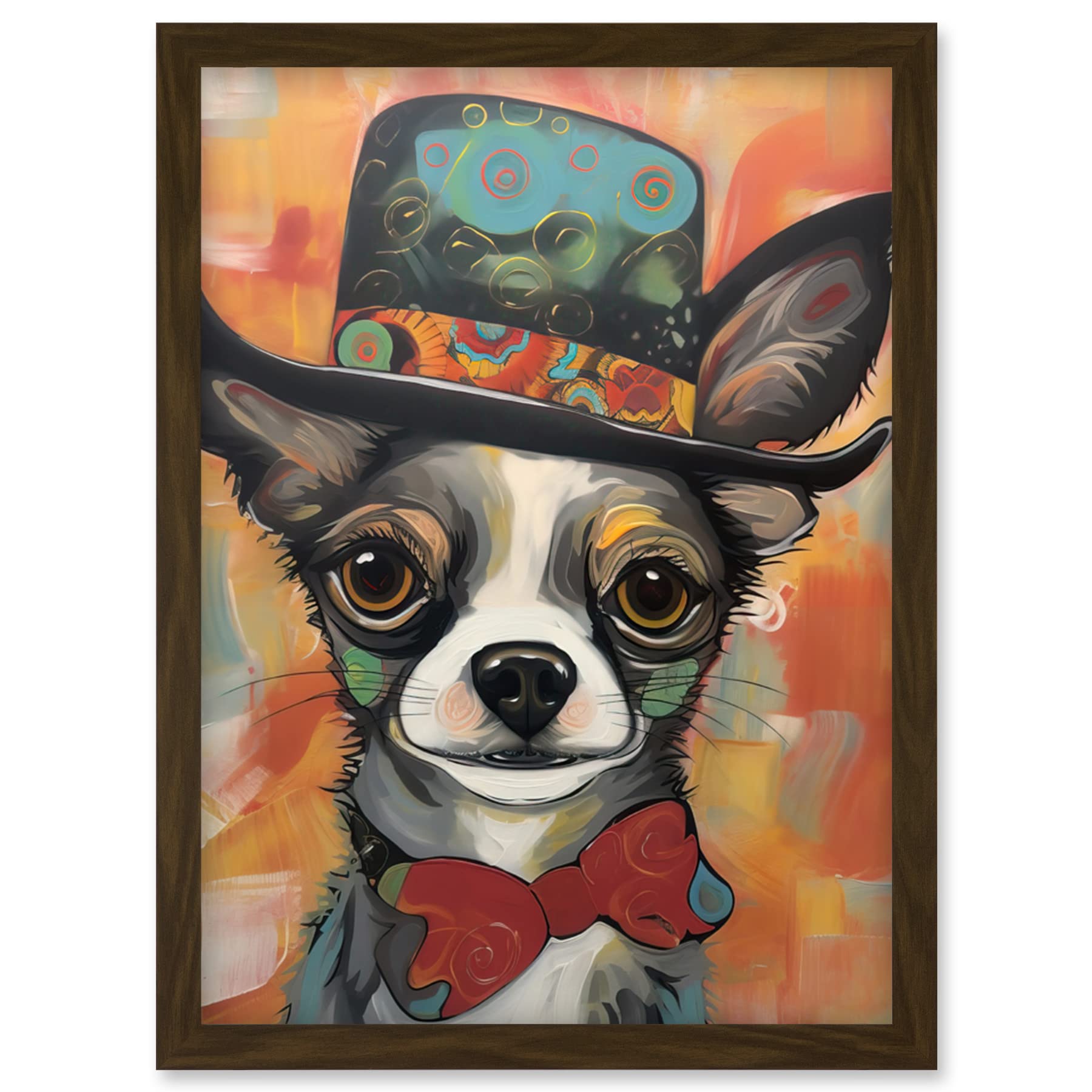 Artery8 Chihuahua Dog Top Hat and Bowtie Modern Folk Art Artwork Framed Wall Art Print A4