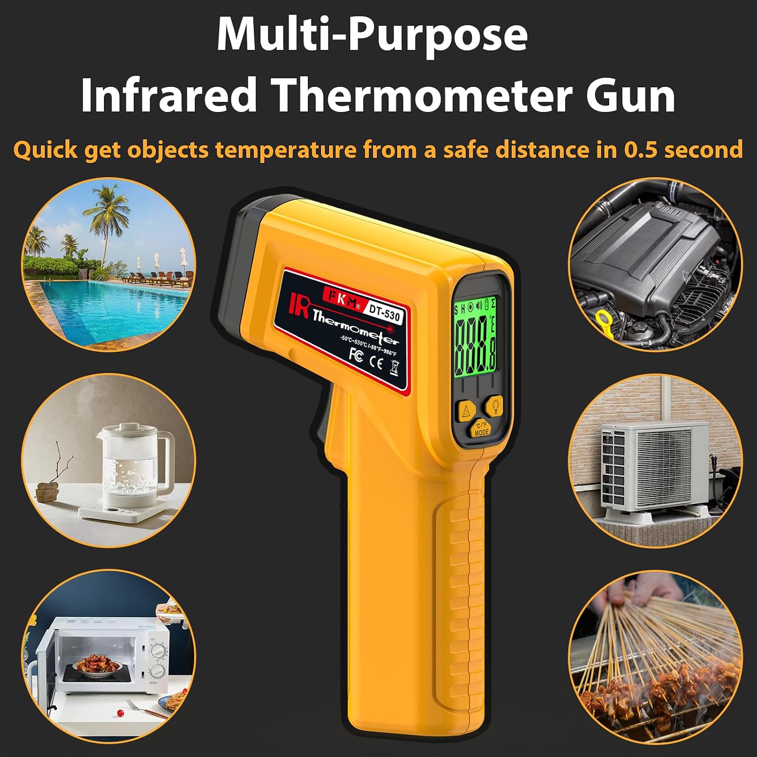 FKM Infrared Thermometer Gun Non-Contact Laser Temperature Gun,-58°F~986°F | Adjustable Emissivity,Digital IR Thermometer Gun for Cooking,Griddle,Pizza Oven,BBQ,HVAC,Automotive,Industrial,Not for Human