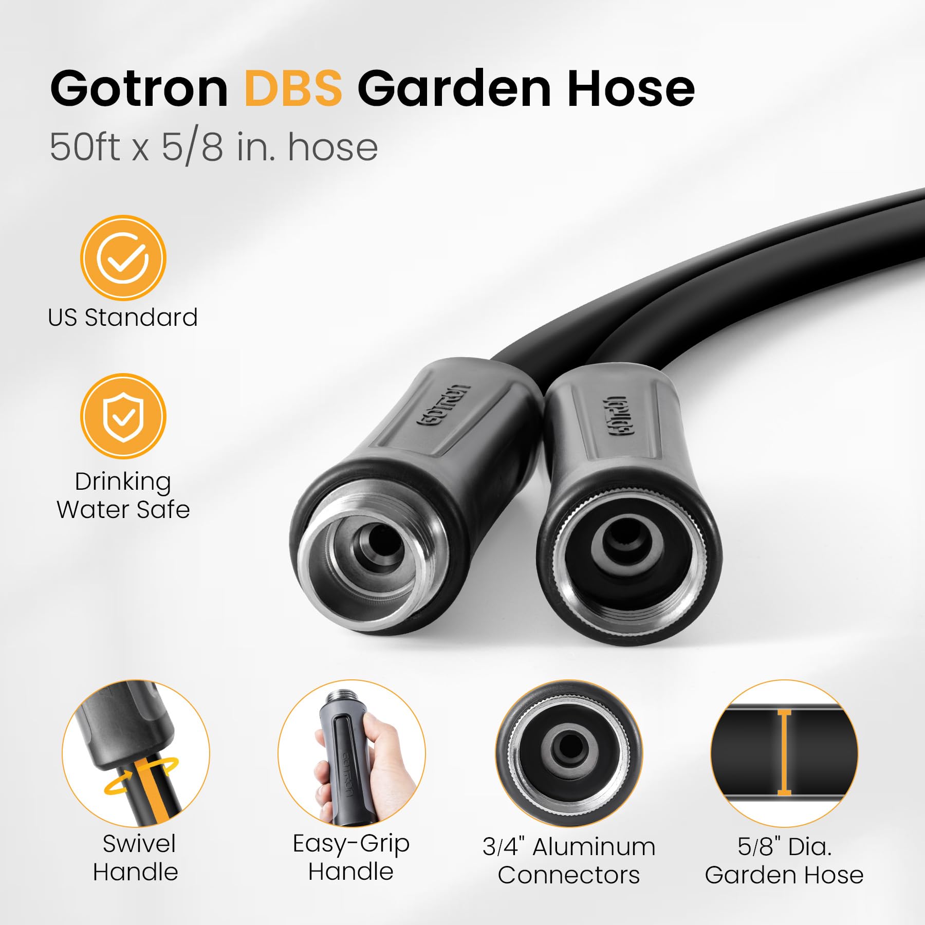 Gotron Manguera de jardín de 50 pies, manguera de agua giratoria resistente, sin torceduras, flexible y potable, con 9 boquillas de función para caravana, exterior, patio, césped, 50 pies x 5/8