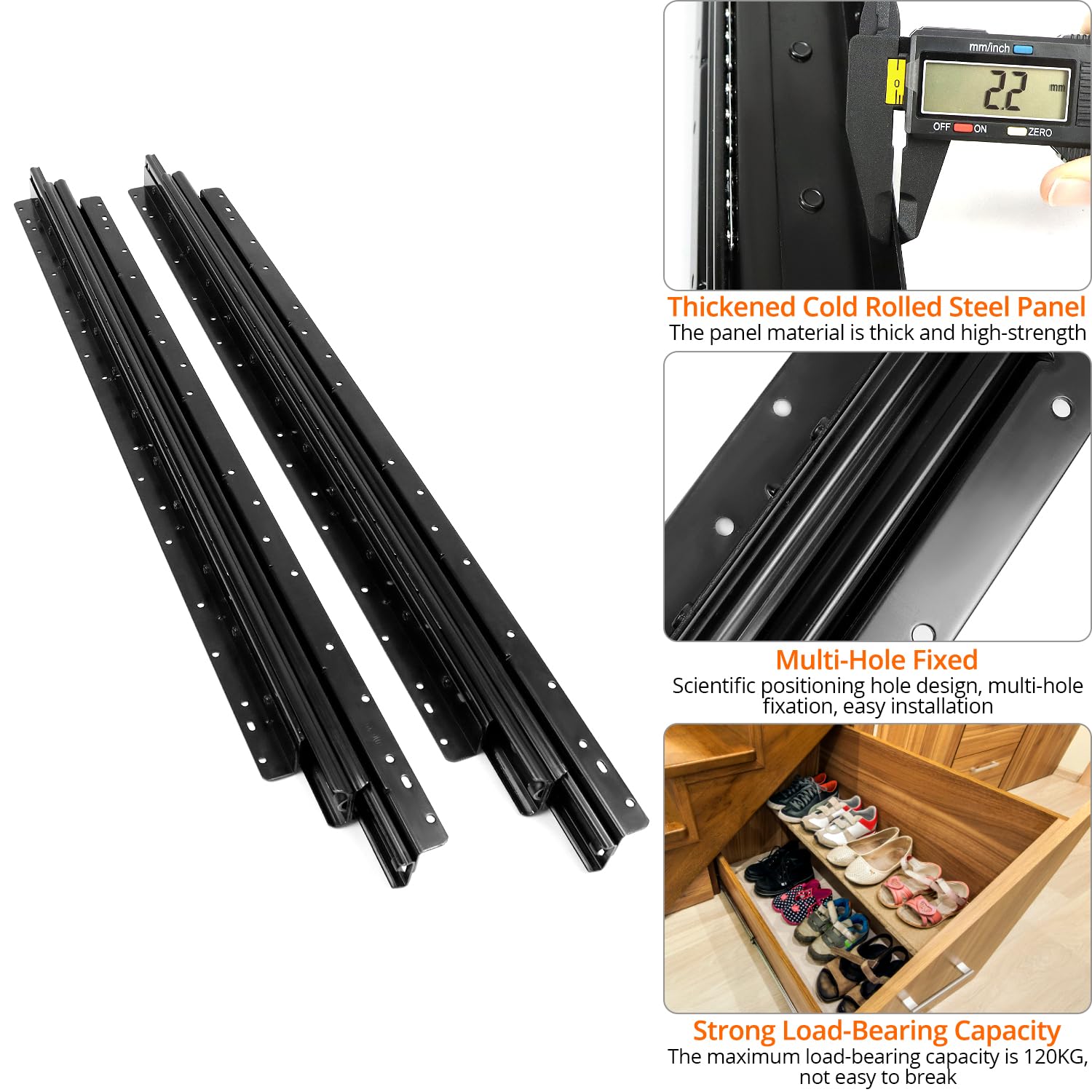 QWORK® Coulisses de tiroir robustes pour rangement sous les escaliers 800-1850mm, extension complète, noir, capacité de charge 120 kg, 1 paire, avec vis