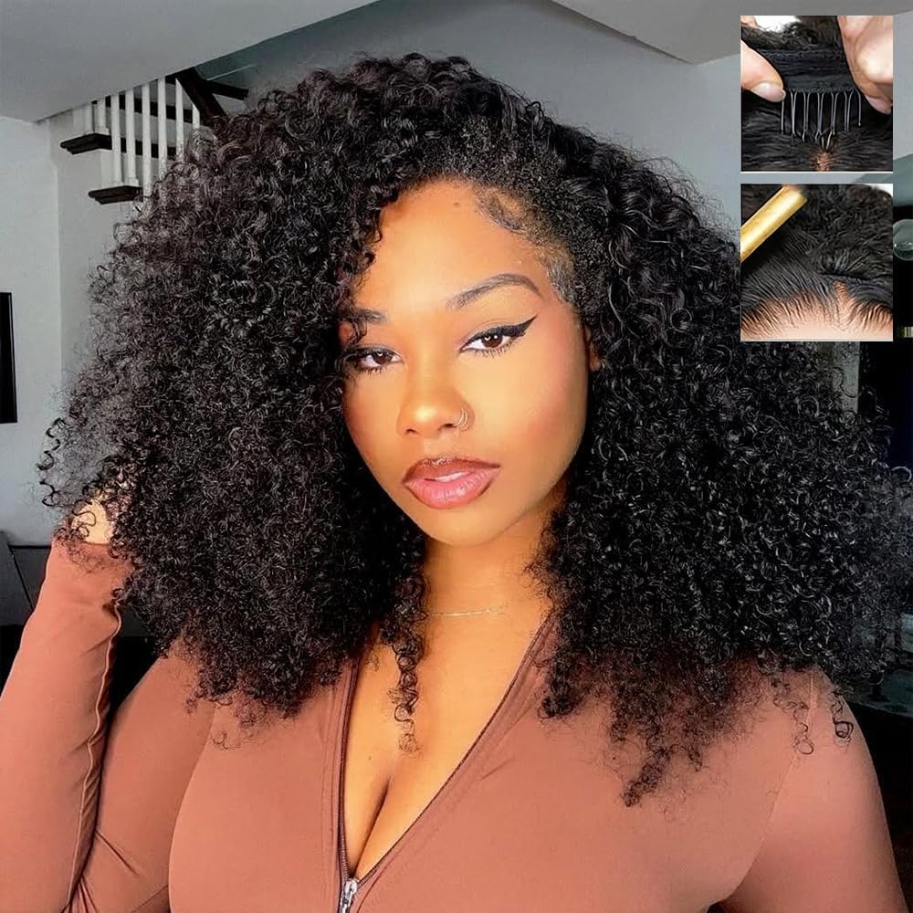 Kinky Curly Half Wig Human Hair 24 Inch 200% Density Glueless 3 IN 1 Design with Drawstring & Seamless Clip Ins, Flip Over No Glue No Lace Protective Hairstyle for Black Women