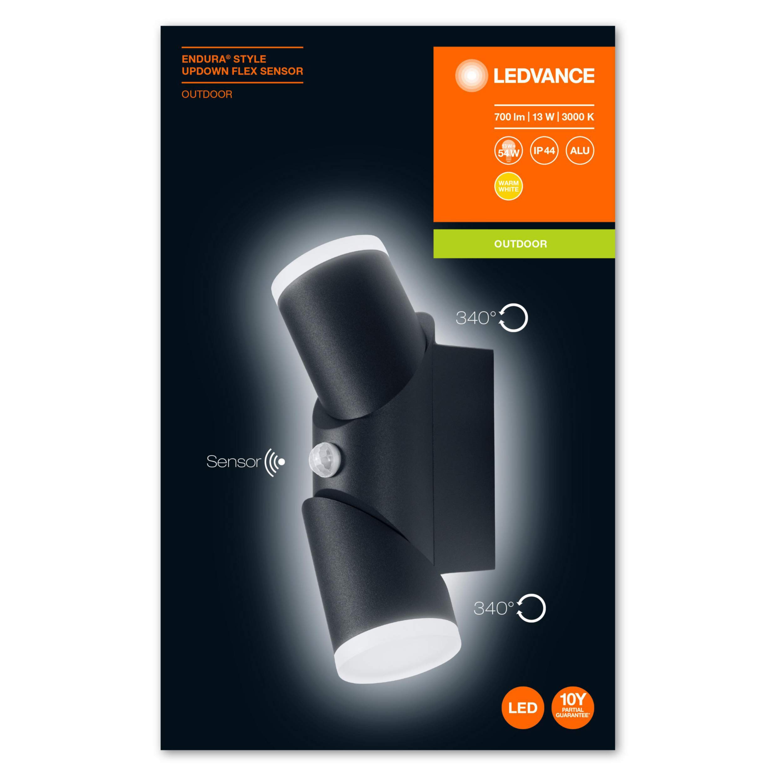 LEDVANCE Lampa ścienna i sufitowa LED, lampa do zastosowań zewnętrznych, ciepła biel, zintegrowany czujnik światła dziennego i ruchu, Endura Style Updown Flex Sensor