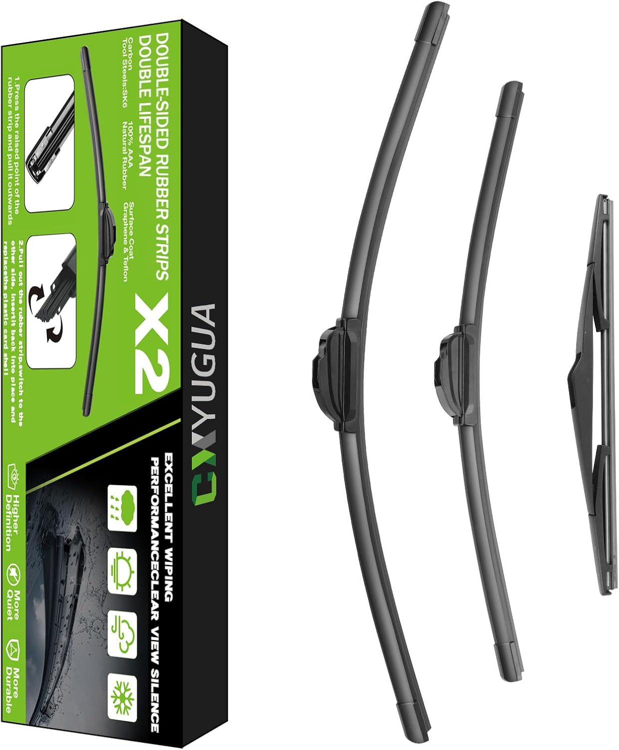 Wiper Blade Replacement for Sportage 2011-2016, Windshield Wiper Blades 24"+18" With Rear Wiper 12" (Set of 3) U/J HOOK, Double Sided Rubber Strips and Longer Life Windshield Wiper Blades 24+18+12