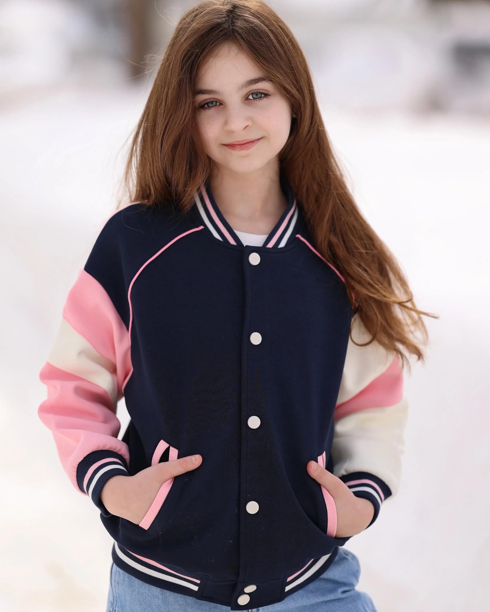 Rolanko Giaccione da Baseball per Ragazze e Ragazzi, Stile Varsity con Taschi Giubbotto da Scuola Giubbotto Bomber per Bambini