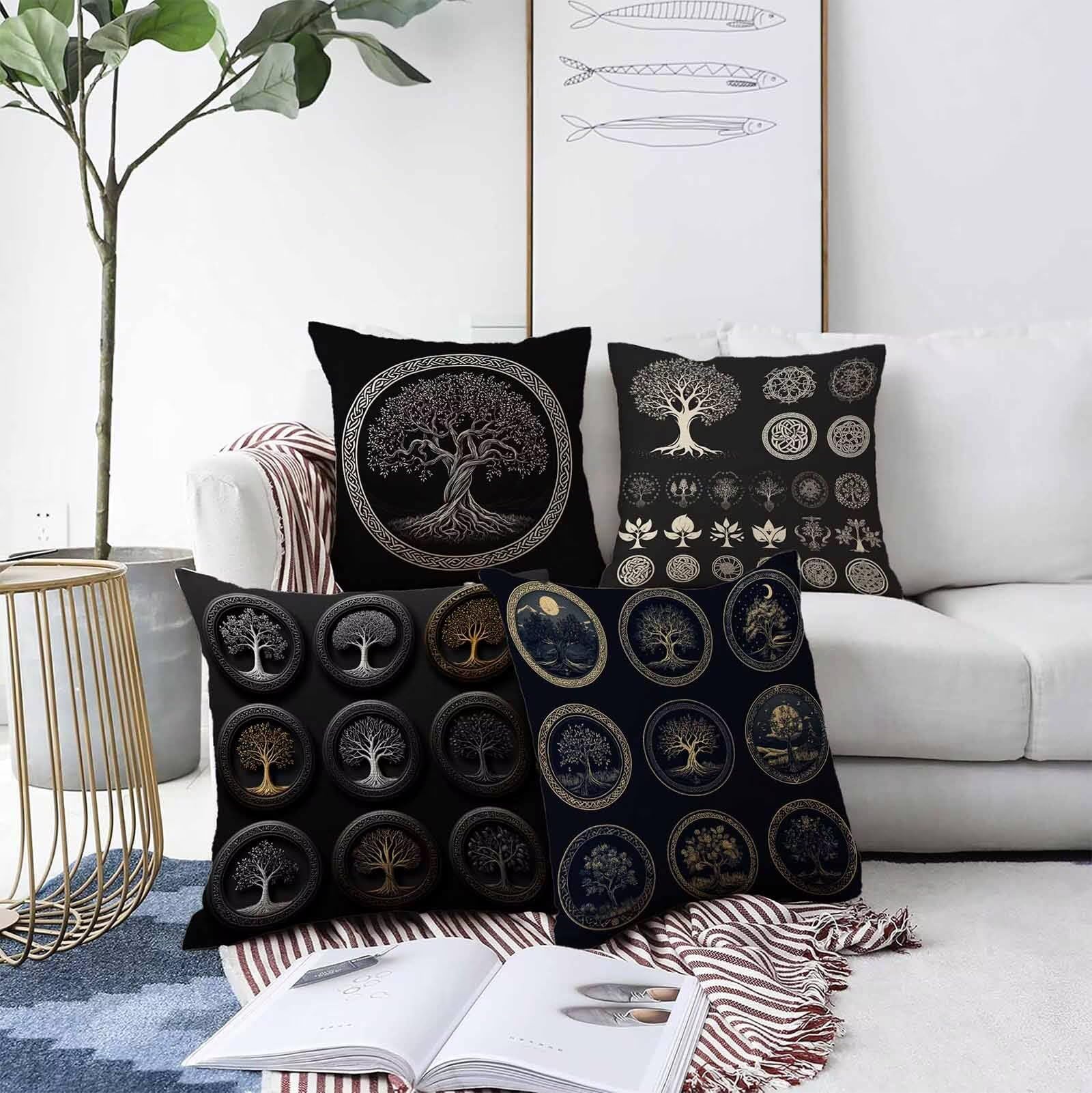 Coussin Canape Noir Housse Coussin 60 x 60 cm Lot de 4, Arbre Coussin Exterieur Impermeable Carrée Lin Taie Oreiller Motifs Impression Recto Verso Conception pour Décoration Maison Salon PjY7733 5-8