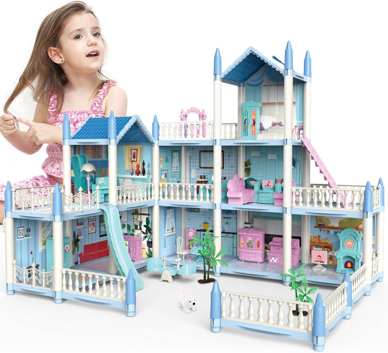 Dollhouse for Girls - 3 Story 11 Rooms DIY Building Pretend Play House with Accessories Furnitures with Outdoor Space Open Sided Princess Castle Playset for Girls Kids