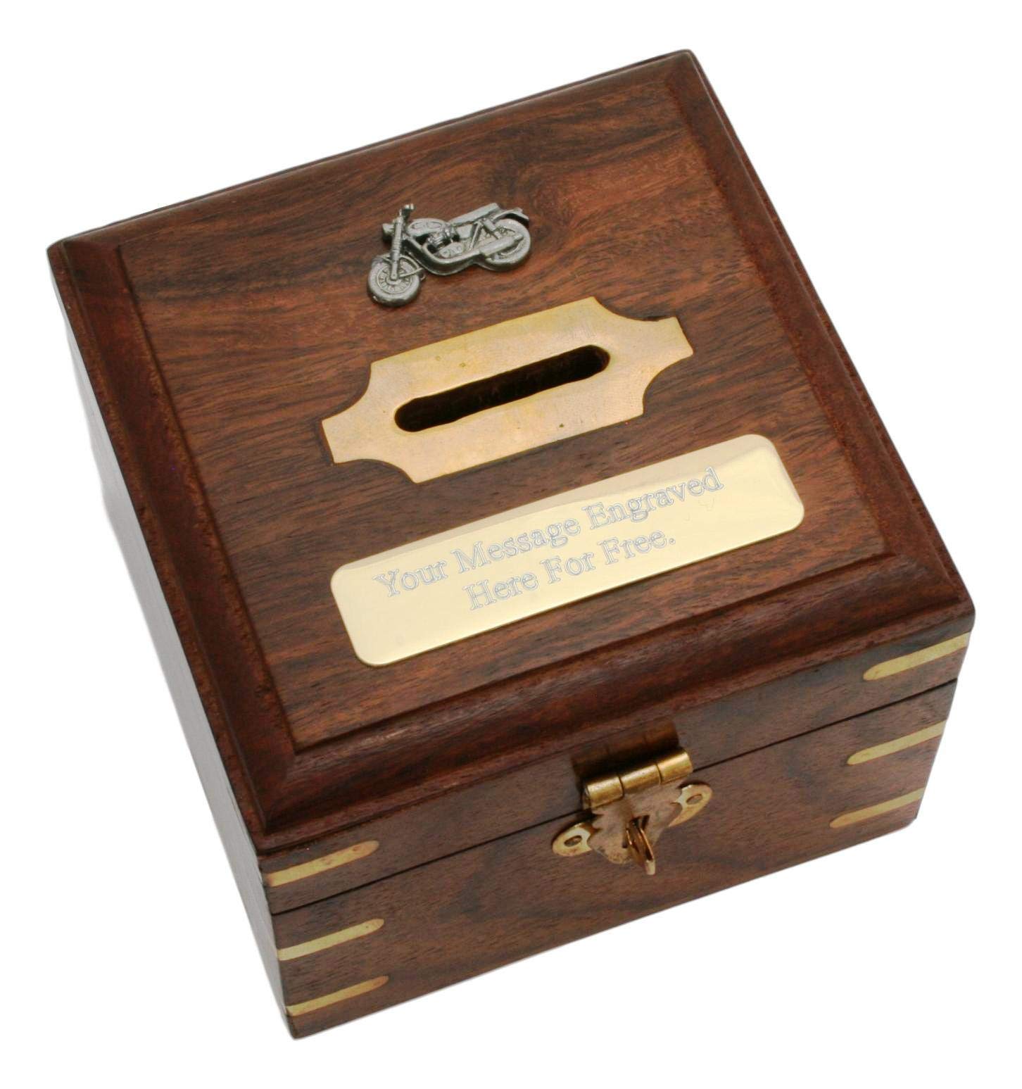 Gamekeepers Cottage gifts Vintage Motorbike Wooden Money Box Chest With FREE Engraving Gift 386