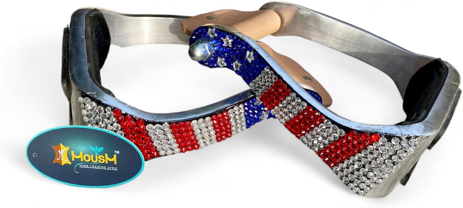 Western Aluminum Barrel Horse Stirrups for Saddle with American Flag Design and Matching Premium Stones