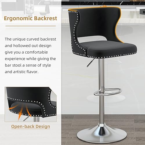 Miniatura 6 de Westice Juego de 2 taburetes de bar, taburetes de bar giratorios de terciopelo ajustables con respaldo hueco, ribete de remache y base cromada