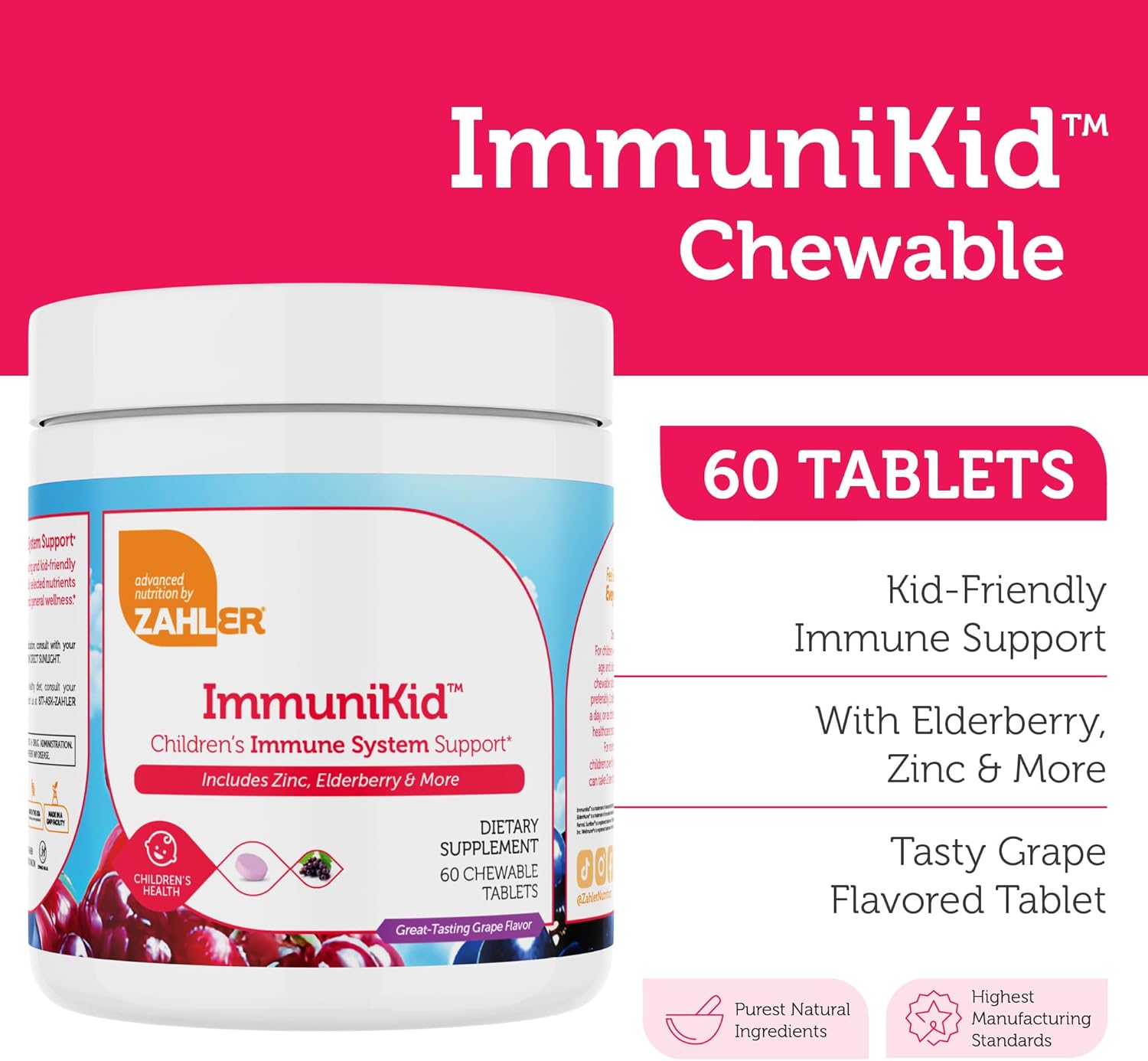 Zahler Kids Immune Support Supplement with Elderberry, Zinc and Vitamin C D3 A - Grape Flavored Chewable Tablets - Kosher Children's Immune Support for Kids Ages 4 and Up, 60 Count - Image 3