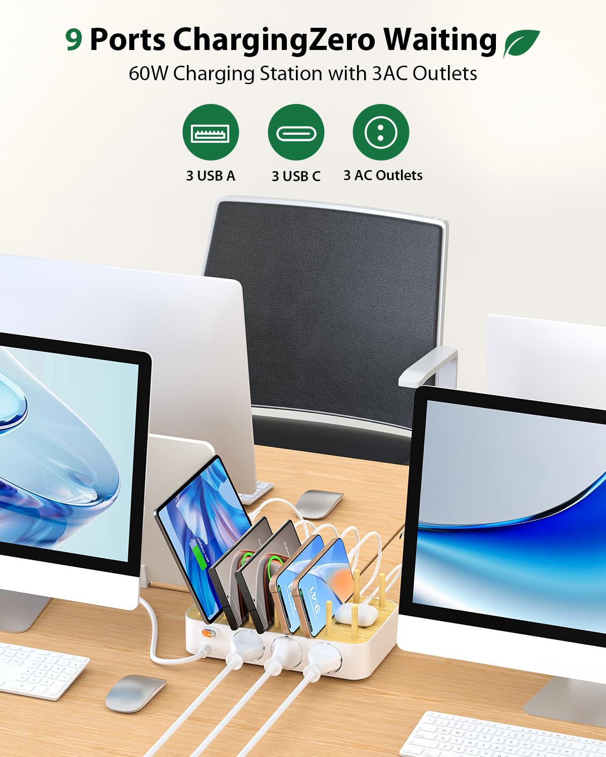 Station de charge USB C Bamboo pour plusieurs appareils, 60W, 6 ports, 3 prises secteur, 3 USB C, 3 USB A, cordon d'alimentation de 2 m pour lPhone, lPad et tablettes(6 câbles inclus),blanc