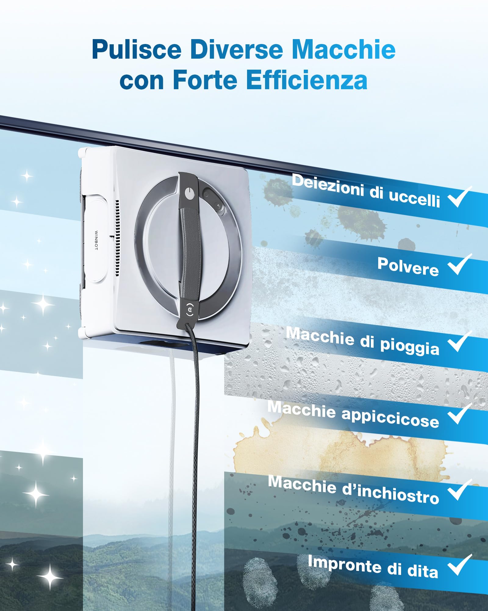 ECOVACS W2 Robot Lavavetri Finestre, Robot Vetri con Pianificazione Intelligente del Percorso, Modalità di Pulizia dei Bordi, 10 Livelli di Sicurezza, Tecnologia di Spruzzo in 3 Direzioni
