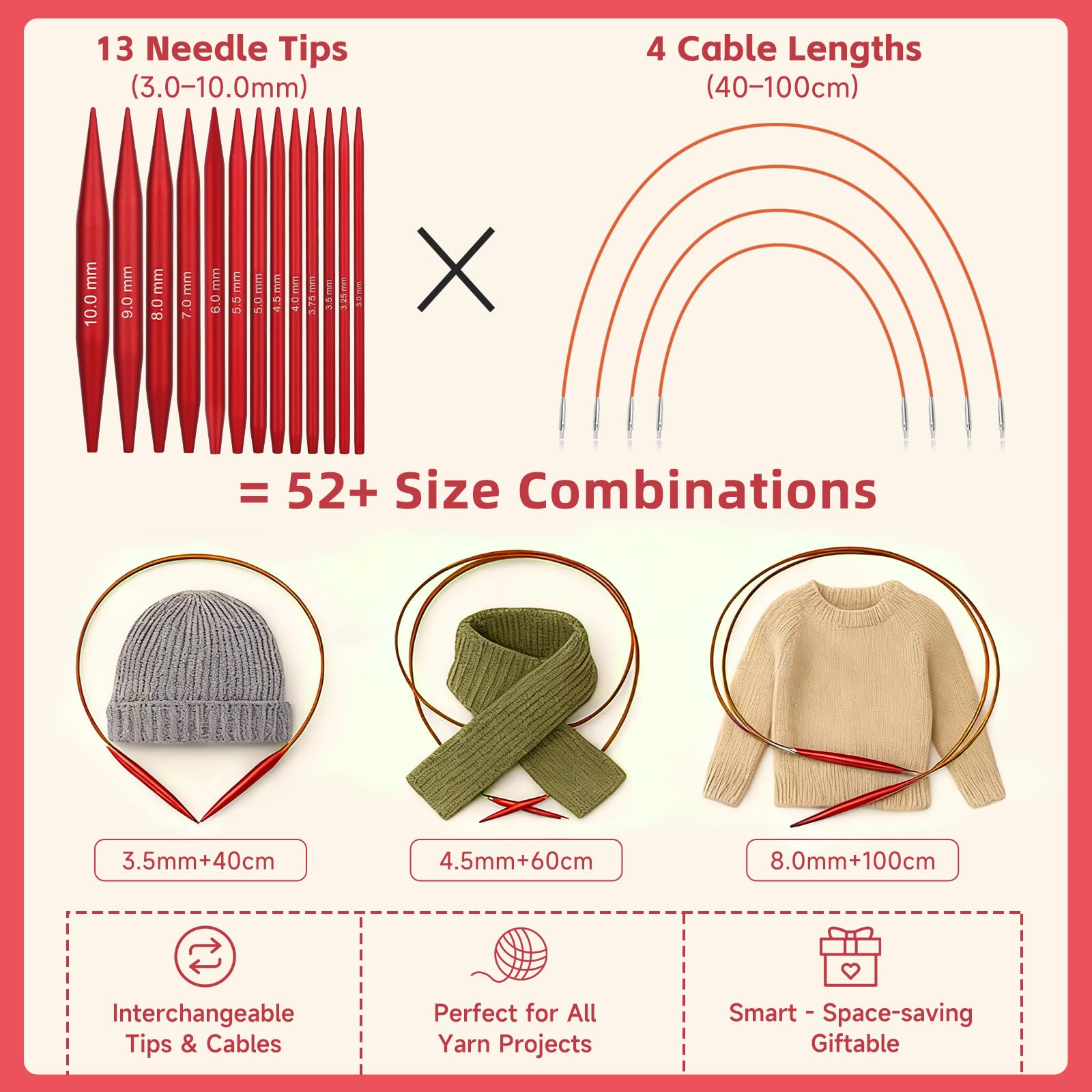 Interchangeable Knitting Needles Set - 13 Pairs Red -6