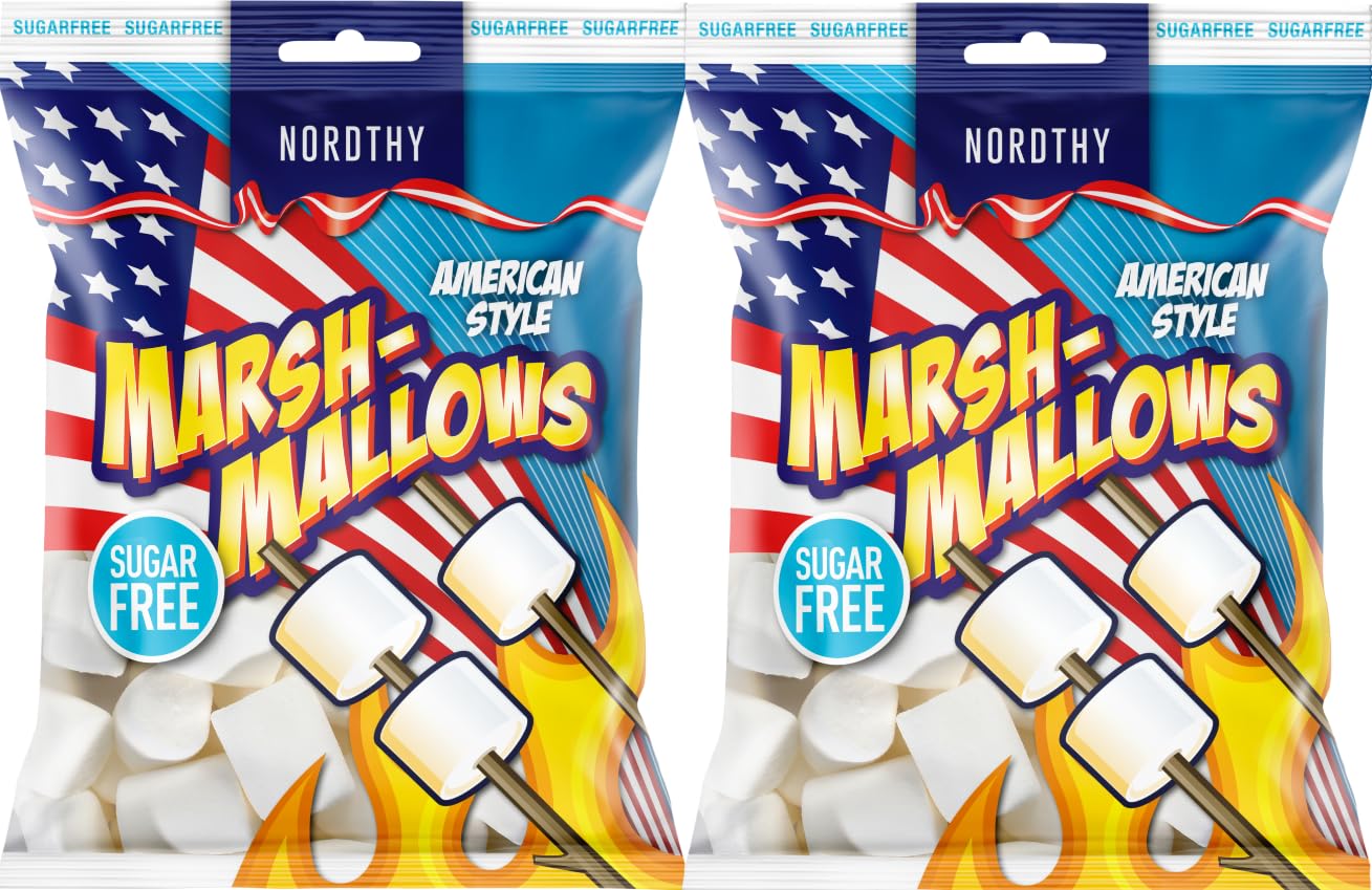 Nordthy Marshmallows American Style Sans Sucre 2x100g – Guimauves Moelleuses à la Vanille – Confiserie Faible en Calories – Chamallows Sans Sucres Ajoutés