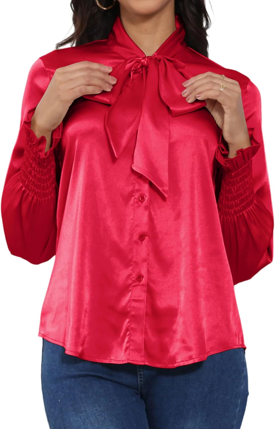 Satin Blouses for Women Dressy Smocked Long Sleeve Bow Tie Neck Shirts Casual Work Tops - Image 4