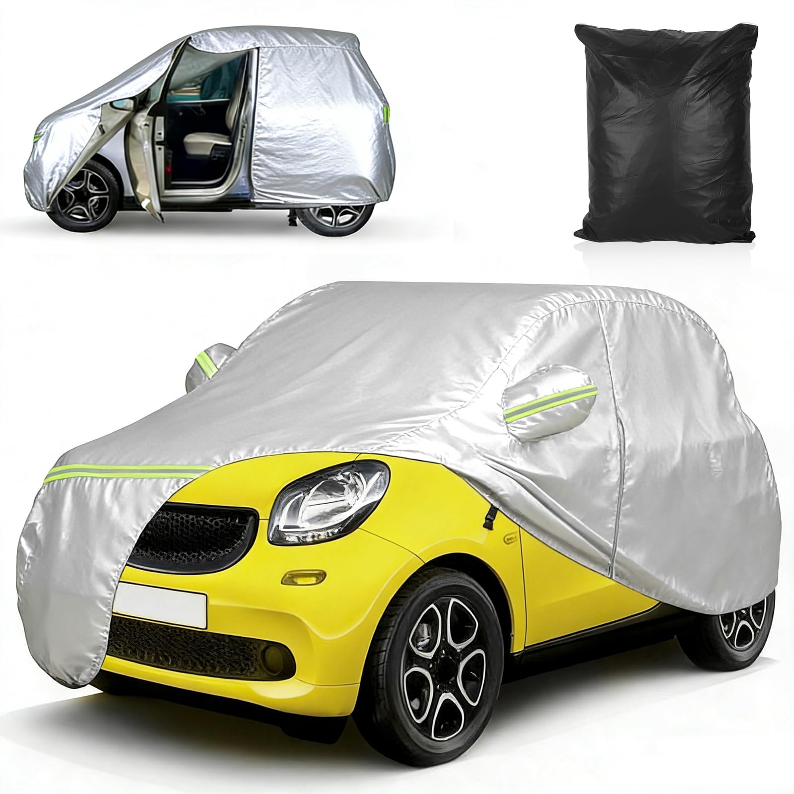 Copriauto per Smart Fortwo W451 W453 2007-2024, copertura completa per auto impermeabile per ogni tempo 210D Oxford, con cerniera laterale, fibbia, striscia riflettente, anti-neve, antivento