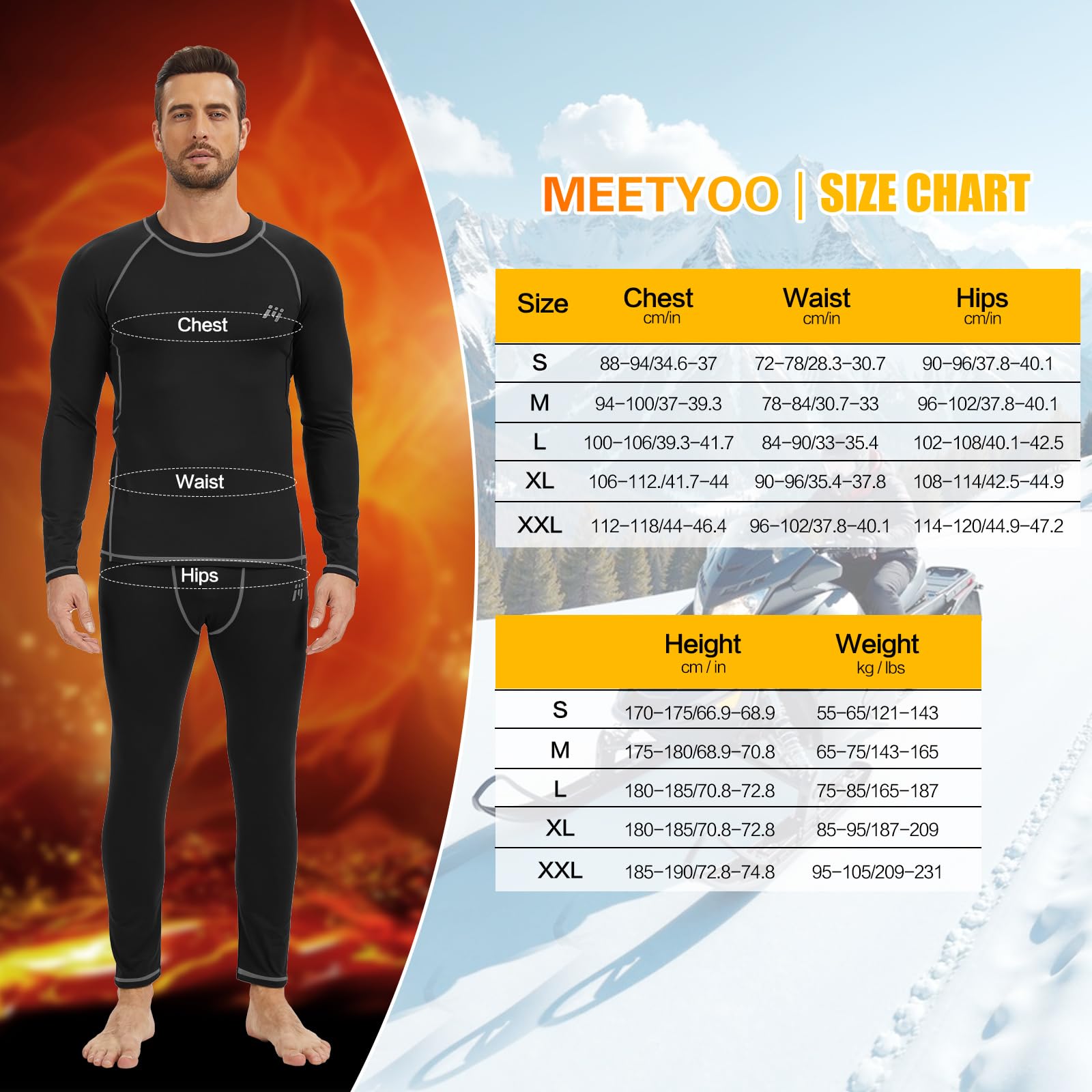 MEETYOO Thermounterwäsche Herren 1/3Pack, Funktionsunterwäsche Skiunterwäsche Winter Thermowäsche Set Thermo Unterwäsche Warm Weich Atmungsaktiv für Männer Sport