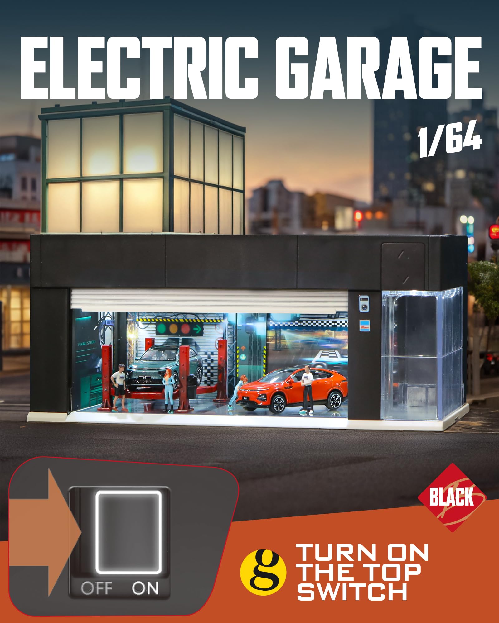 1/64 Garage pour Hot Wheels Stockage, Empilable Vitrine électrique avec Commande Vocale Lumière LED, 3D Scènes 3 Remplaçables Parking Diorama pour Voiture Diecast (Noir)