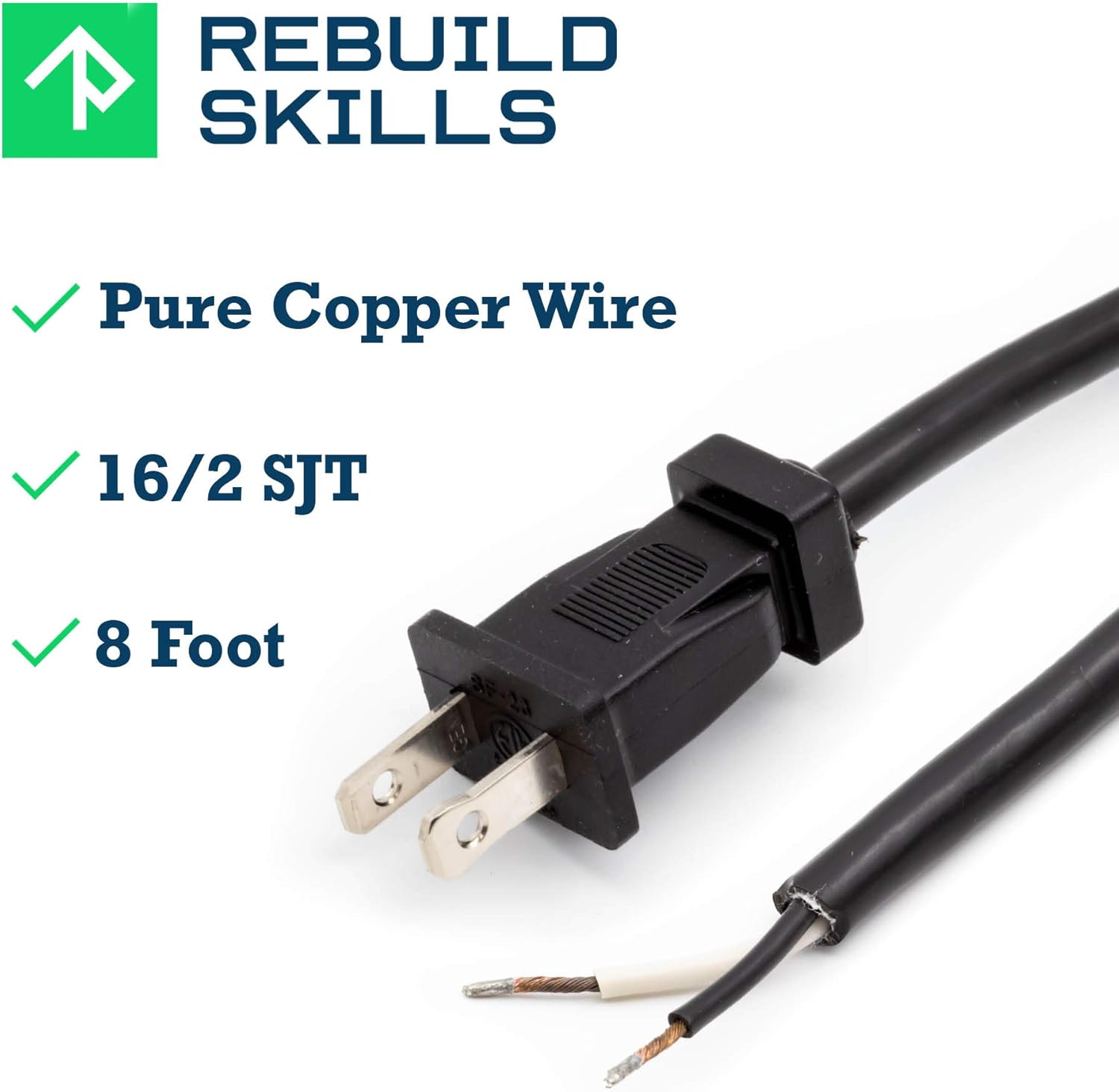 Rebuild Skills Replacement Power Tool Cords for Drills, Sanders, chop saws, Grinders, vacuums, Miter saws, appliances, Motors and Power Tools (8' ft, 16/2)