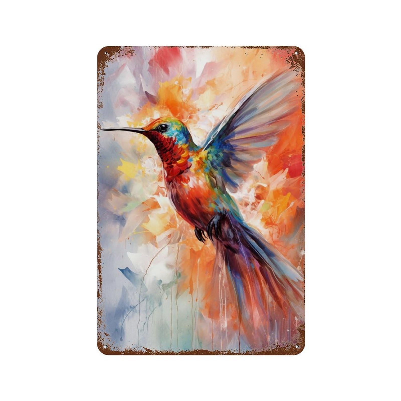 Colorful Hummingbird Painting-1 Rust Effect Tin Sign 11.8"x7.9", Rustic Home Decor for Garage, Pub Or Kitchen