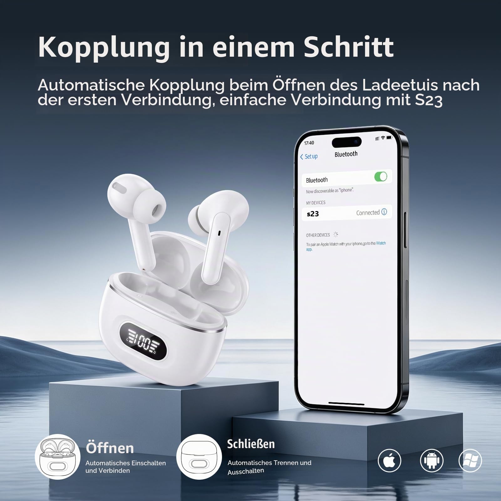 Bluetooth Kopfhörer, Kopfhörer Kabellos Bluetooth 5.3 mit 72std Spielzeit, ENC Noise Cancelling Wireless Earbuds Tiefer Bass, Touch Control, IP7 Wasserdicht Ohrhörer LED-Anzeige für Arbeit/Studium