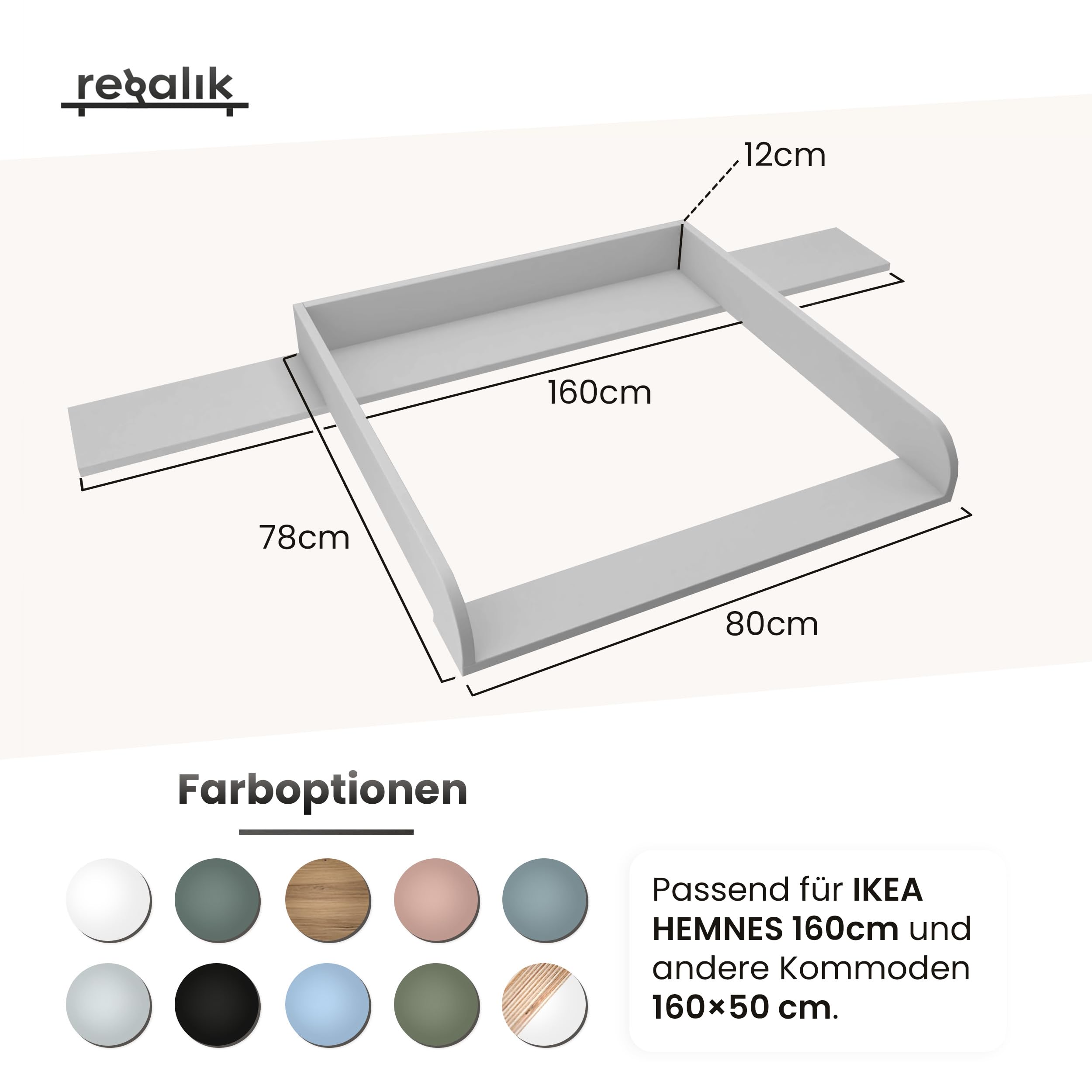 IKEA Hemnes Wickelaufsatz mit Platte, Abnehmbar, Aschgrau, für 50x160 cm Kommoden