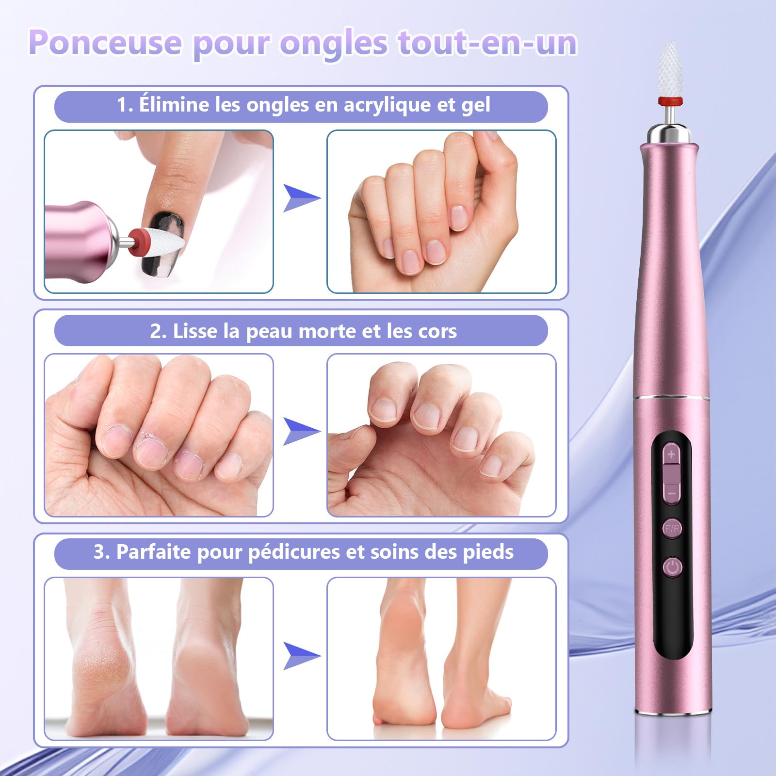 Ponceuse pour ongles électrique professionnelle 35000 tr/min sans fil – Lime à ongles électrique pour gel & acrylique, manucure & pédicure, écran LCD, USB-C, 12 embouts + 36 bandes