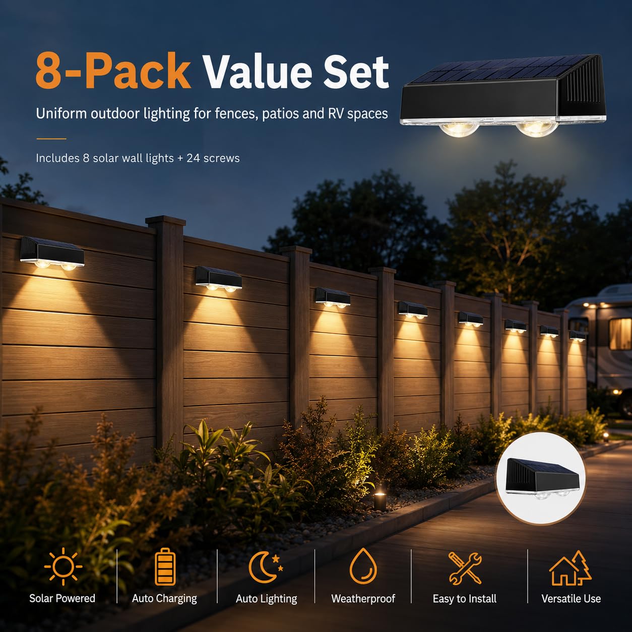 auvstar Lampada Solare da Esterno di 8 Pezzi,Luci Solari Esterno Energia Bianco Caldo Illuminazione per Esterni,Applique da Solare IP65 Fissaggio Magnetico Vite per Giardino Camper Roulotte Terrazza