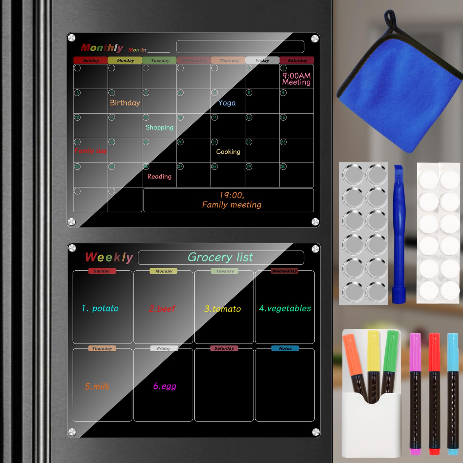 Ninyoon Calendar Meal Planner for Fridge Magnetic Acrylic Fridge Menu Dry Erase Board with 6 Markers 1 Holder 12 Hanging Hardware 12 Gaskets 1 Towel