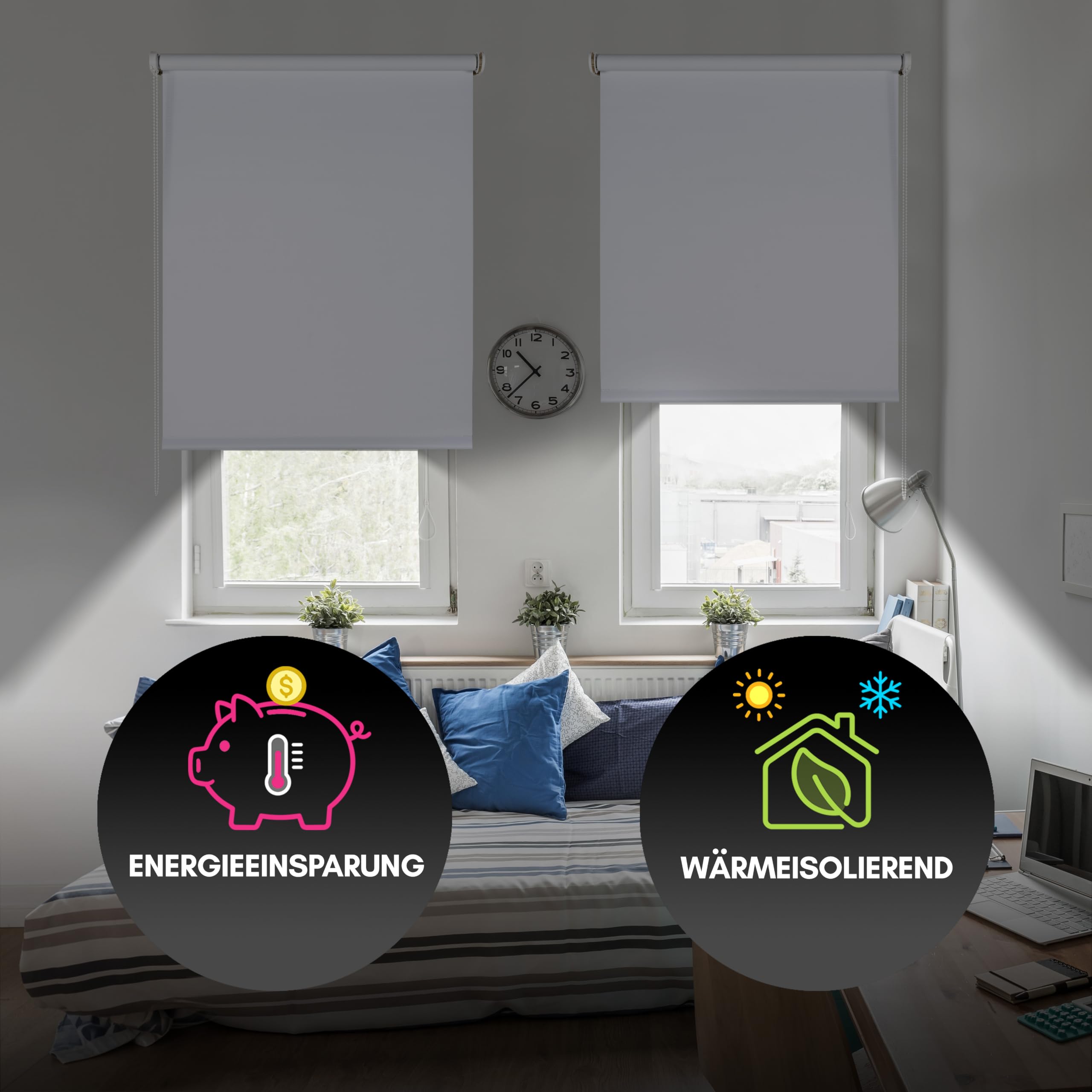 Verdunklungsrollo für Fenster und Türen Thermorollo 200x250 cm Weiß | Blickdicht Montage mit Bohren Wand/Decke Sichtschutz Sonnenschutz Stoffbreite 196,5cm Rohr 25mm Verdunkelungsrollo StoresDeco