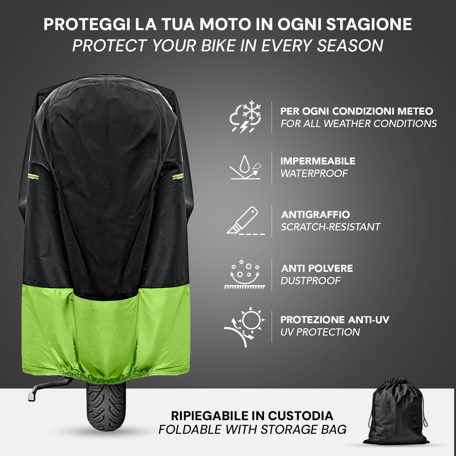 PERLETTI Funda Moto Interior Resistente al Agua - Cubre Scooter Motocicleta Protector Rayos UV Polvo Humedad Insertos Reflectantes - Capa Moto con Doble Correa Antiviento (240x105x125)
