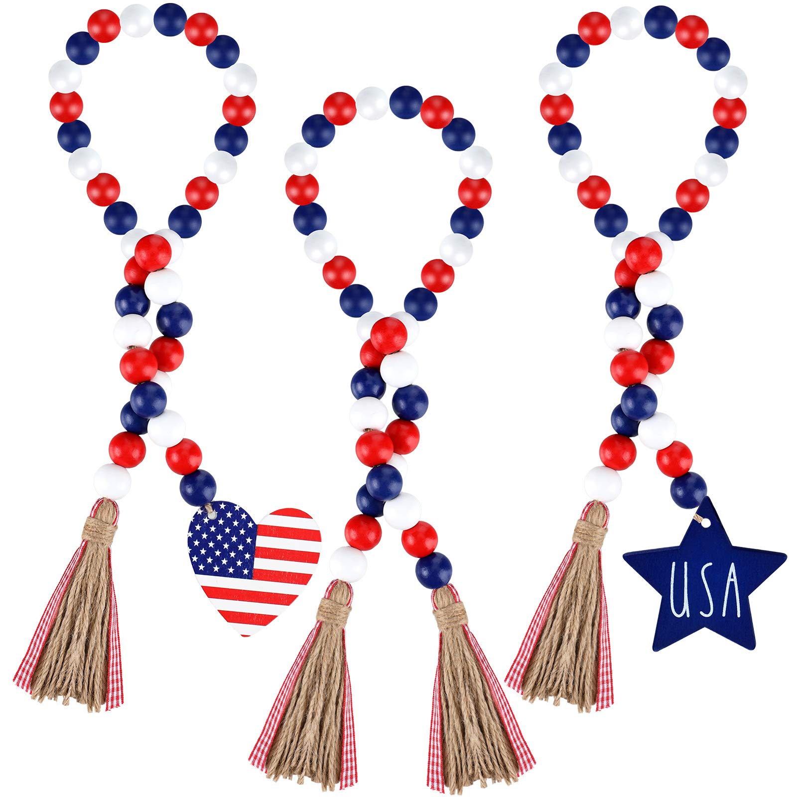 3 Pieces Independence Day Wood Bead Garland with Rustic Tassels Patriotic Labor Day Wood Bead with American Flag and Wooden Heart Hanging Sign for Farmhouse Wall Hanging Prayer Beads Boho Home Decor