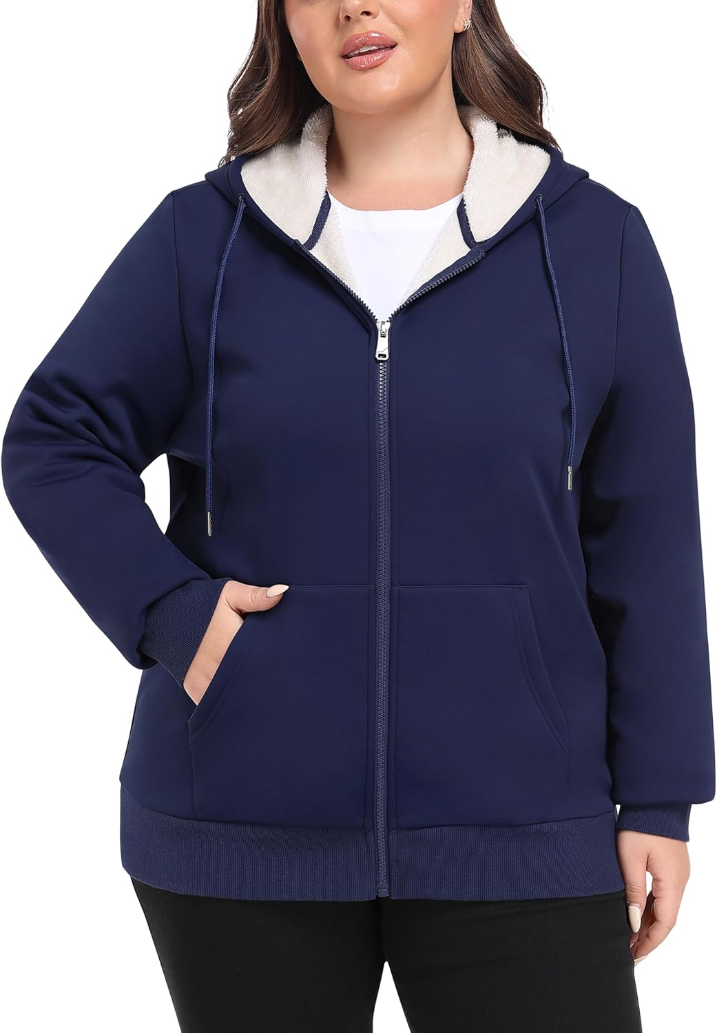 MoFiz Womens Plus Size Fleece Zip Up Hoodie Jacket Sherpa Lined Warm Coat Hooded Sweatshirts - Image 2