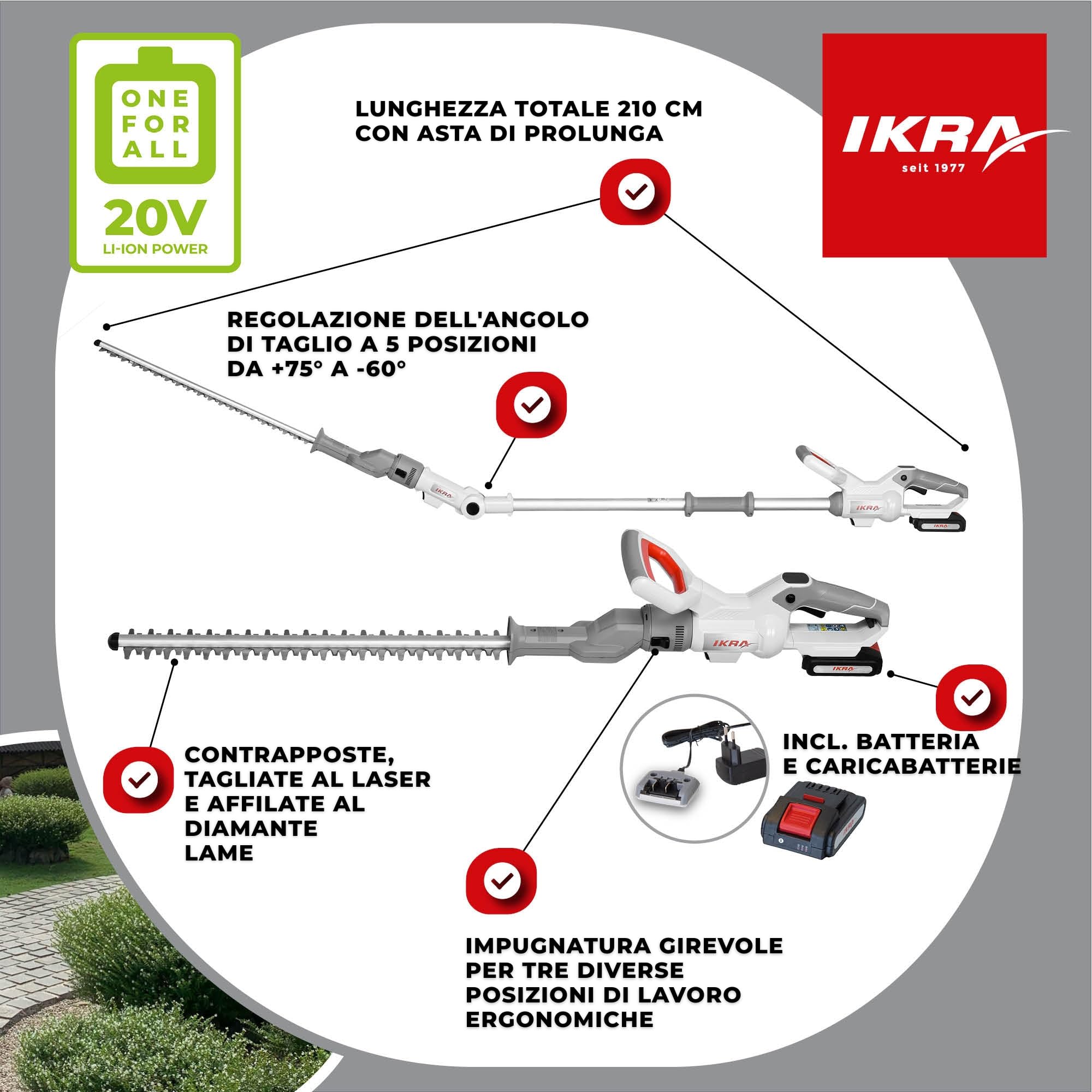 IKRA tagliasiepi a batteria 2in1 ICPH 2050 con asta telescopica