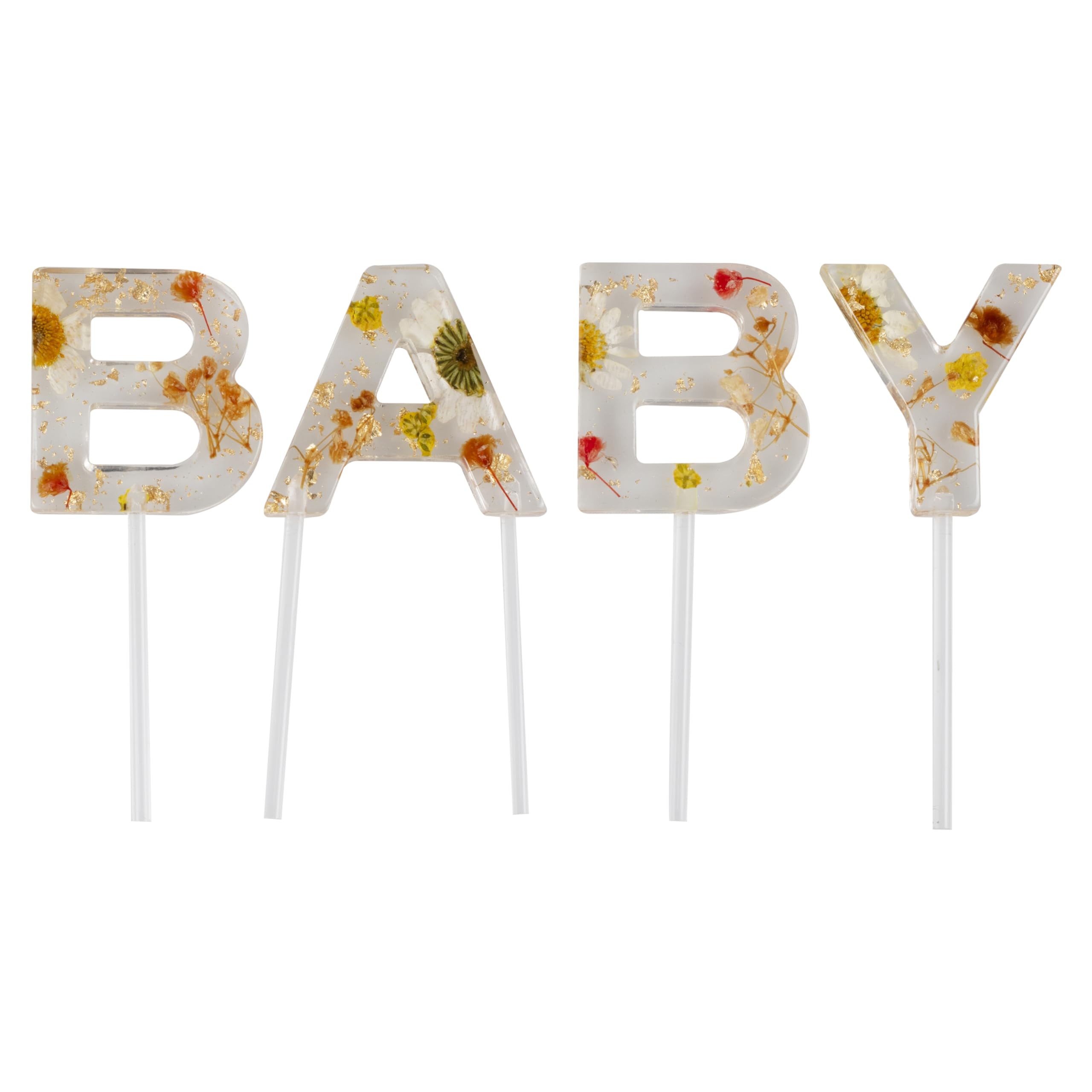 Ginger Ray Resin Pressed Flowers 'Baby' Cake Topper Baby Shower Cupcake Topper Decorations 4 Pieces, Pastel, 18.5 cm x 16 cm - Image 3