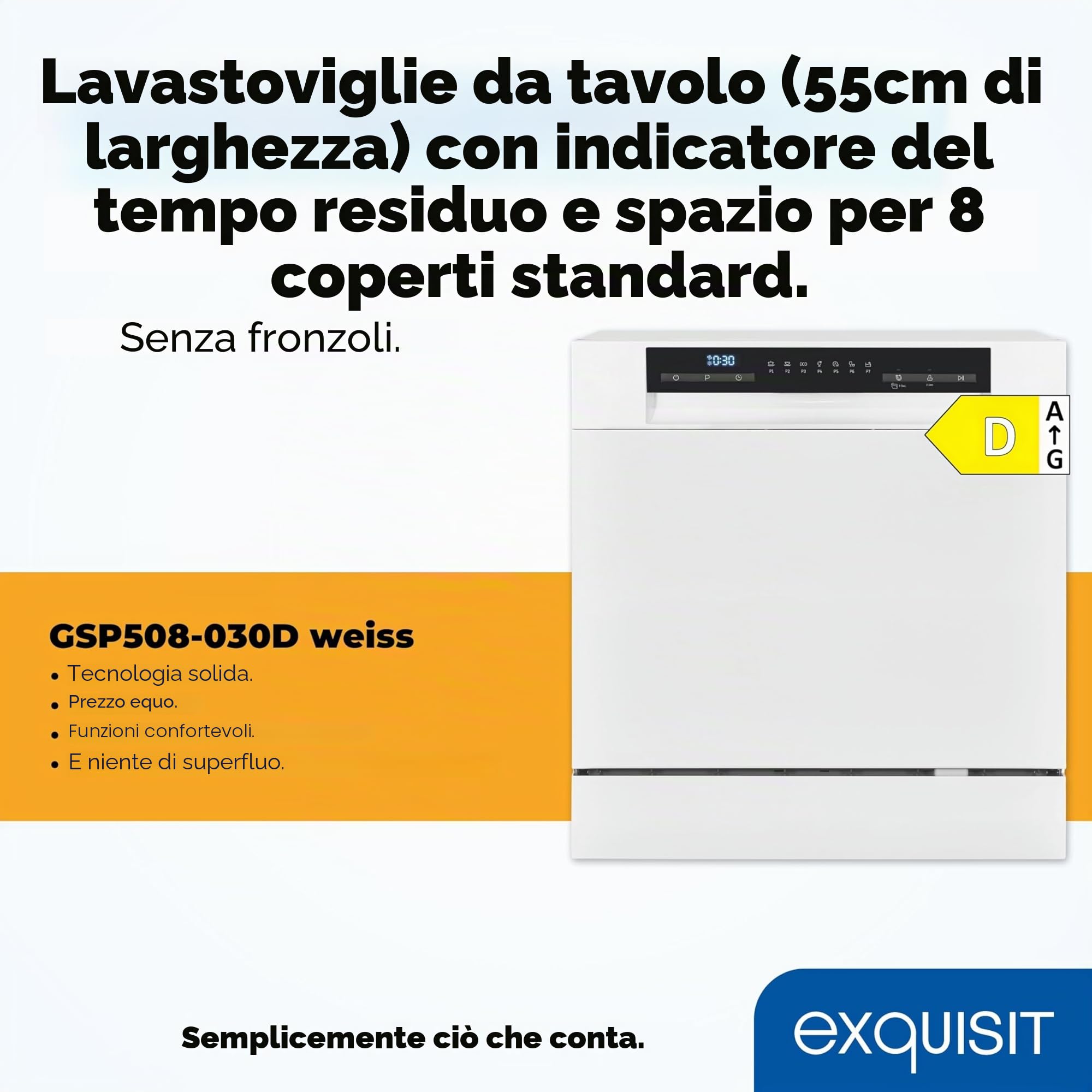 Exquisit Lavastoviglie da tavolo GSP508-030D bianco | Lavastoviglie 55 cm autoportante | Piccola lavastoviglie 8 controsoffitti | Lavastoviglie LED Display