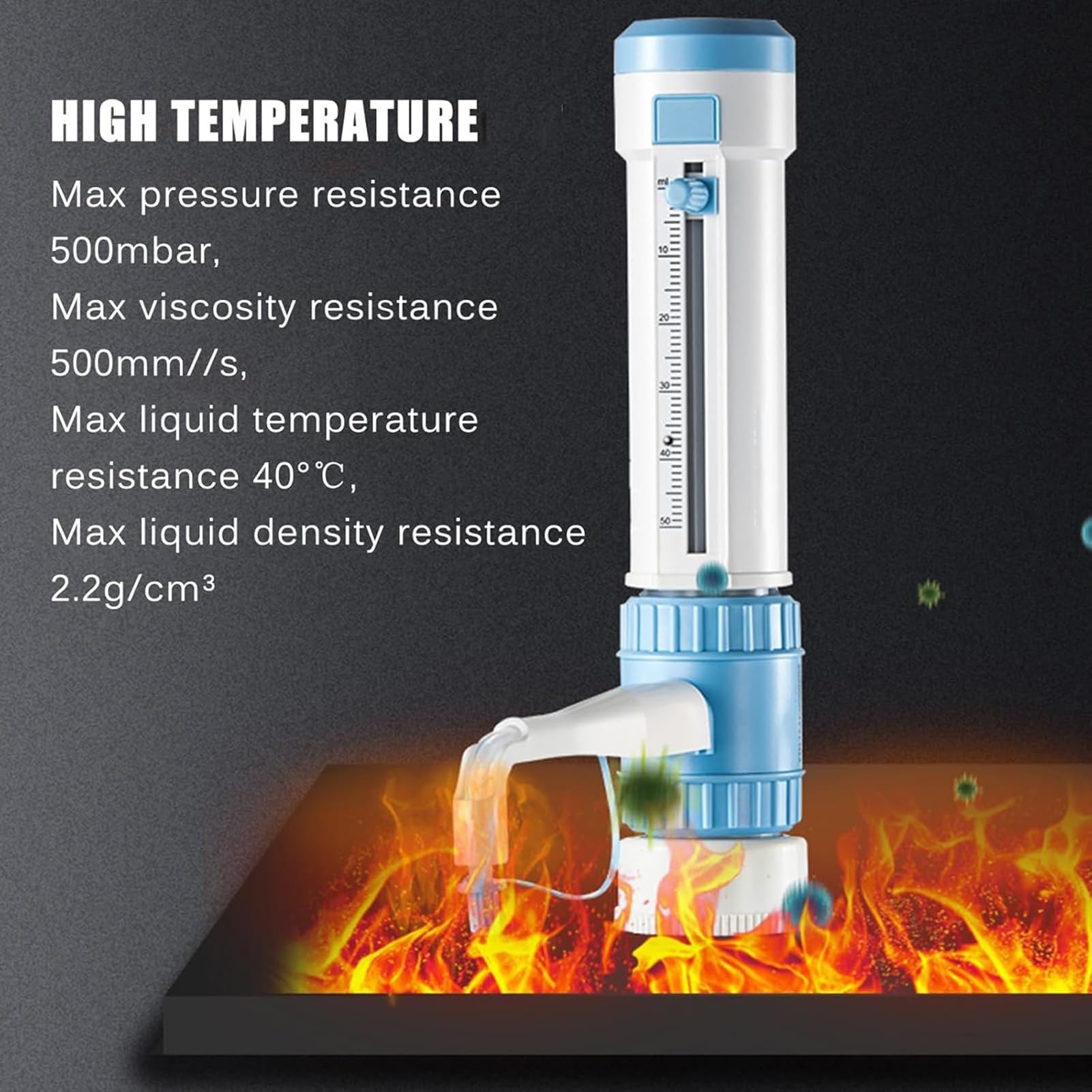 Distributeur de liquide de laboratoire avec adaptateurs pour goulot de bouteille – Réglage précis du volume pour distribuer des solvants, des réactifs, des produits chimiques (0,5 à 5 ml) – Matériau