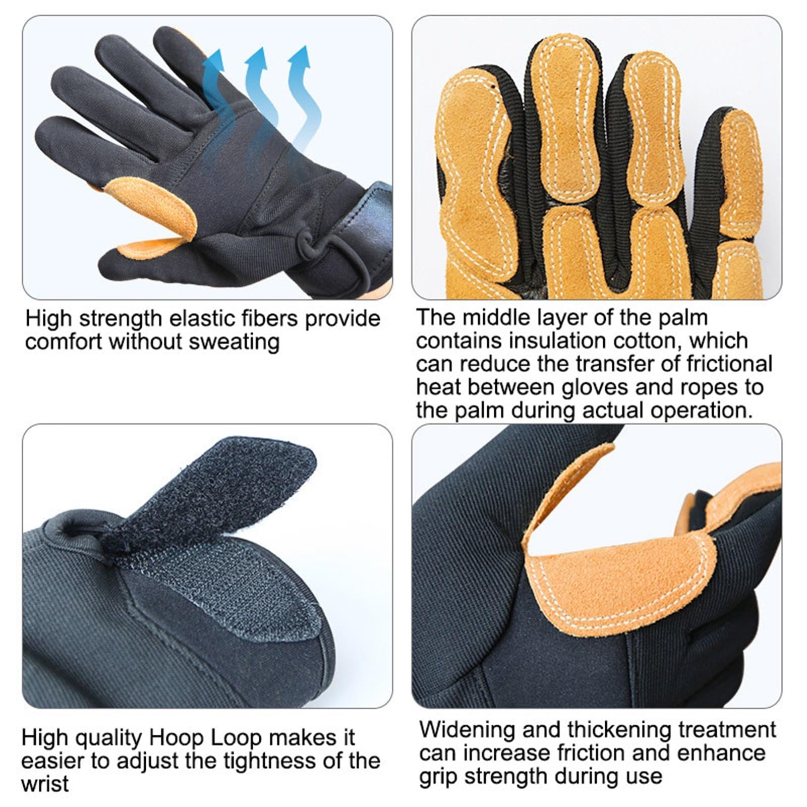Genérico Guantes gruesos de escalada con dedos completos for entrenamiento de rappel, descenso, caída de cuerda y rescate al aire libre(Black)