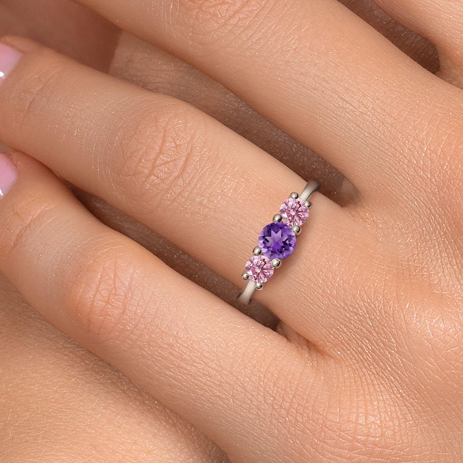 Gem Stone King 14K White Gold Purple Amethyst & Pink Lab Grown Diamond 3-Stone Engagement Ring | 0.98 Cttw | Round 5MM and 4MM | 3 Stone Wedding Anniversary Promise Ring For Women - Image 4