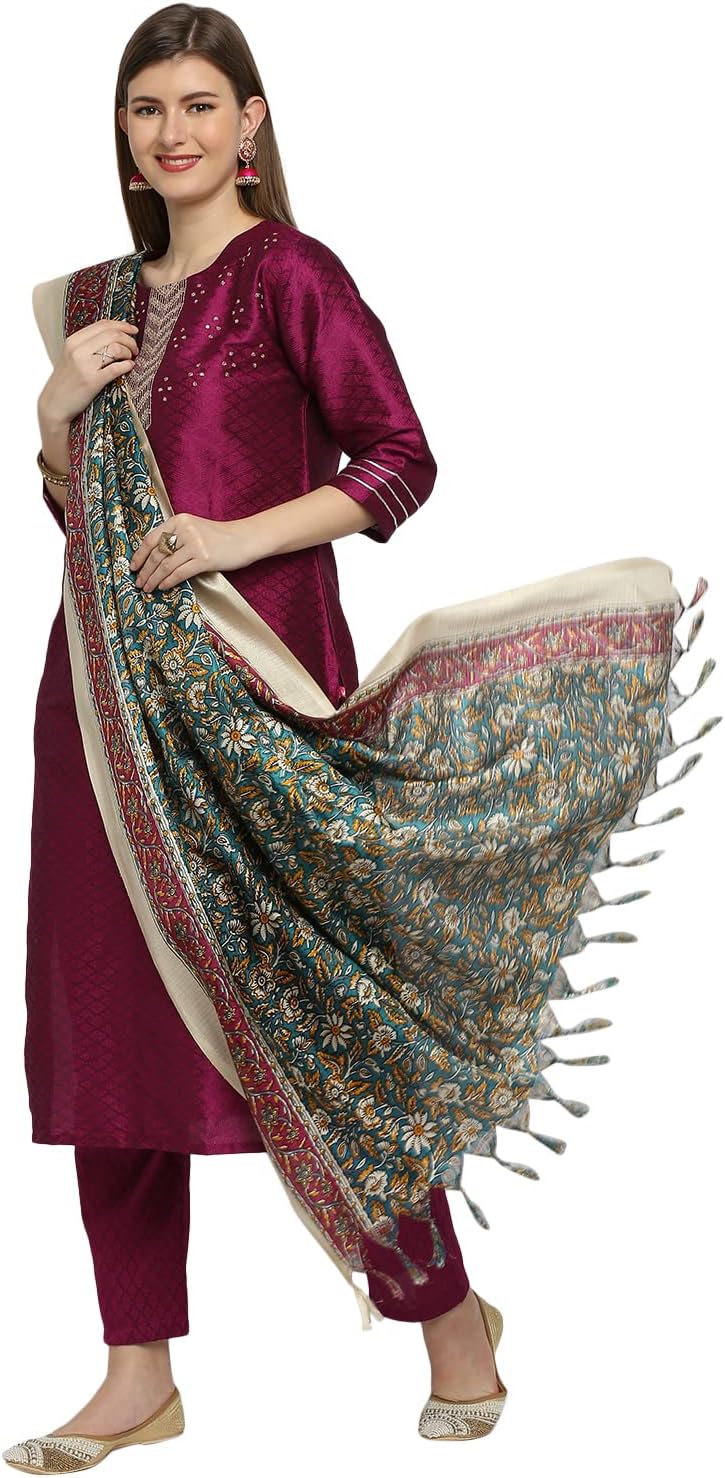 Women's Floral Printed Silk Dupatta Free Mustard