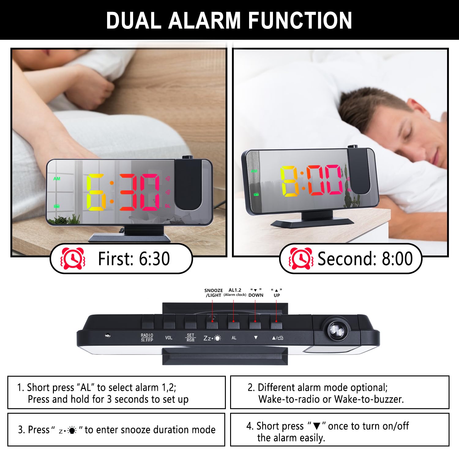 ThreeH Proiezione Sveglia RGB Radio Sveglia Sul Soffitto Proiettore Ruotabile A 180° Orologio Colorato Digitale Per Camera Da Letto Porta Di Ricarica USB Schermo A Specchio Nero