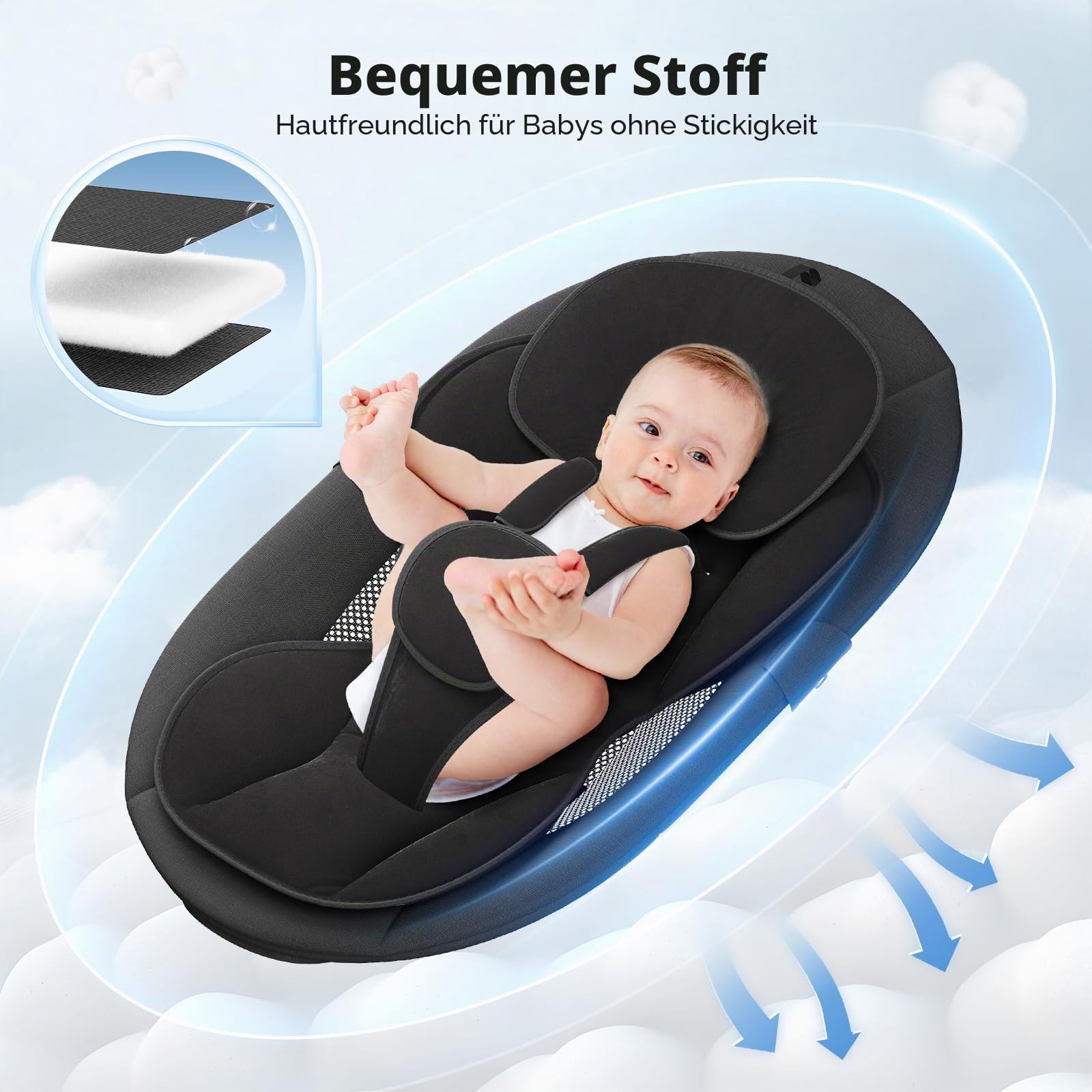 Elektrische Babywippe - Baby Schaukelstuhl für Neugeborene bis 9kg, 5 Schwinggeschwindigkeiten, Bluetooth & Musik, 3-fach Timer, Tragbar & Klappbar, Fernbedienung, Baby Schaukel für Zuhause