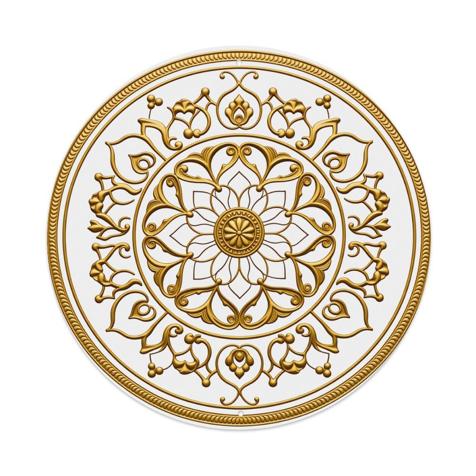Golden Ornate Circular Mandala Design Round Tin Sign Vintage Metal Poster, Home Bar Garage Man Cave Cafe Indoor & Outdoor Wall Decoration 8x8Inches