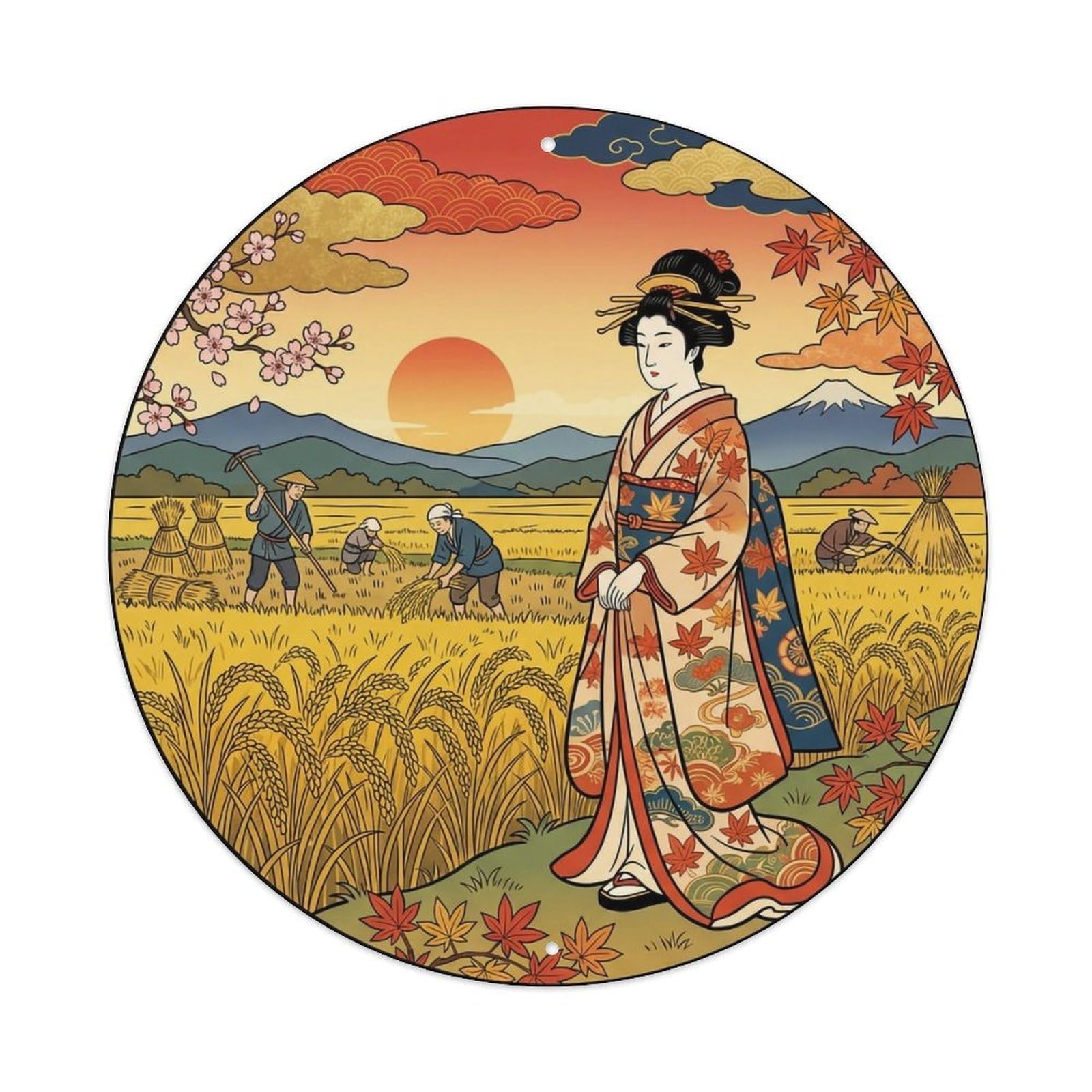 Yrnq 8X8inch Vintage Style Japanese Geisha Golden Rice Field Harvest Pastoral Metal Tin Sign