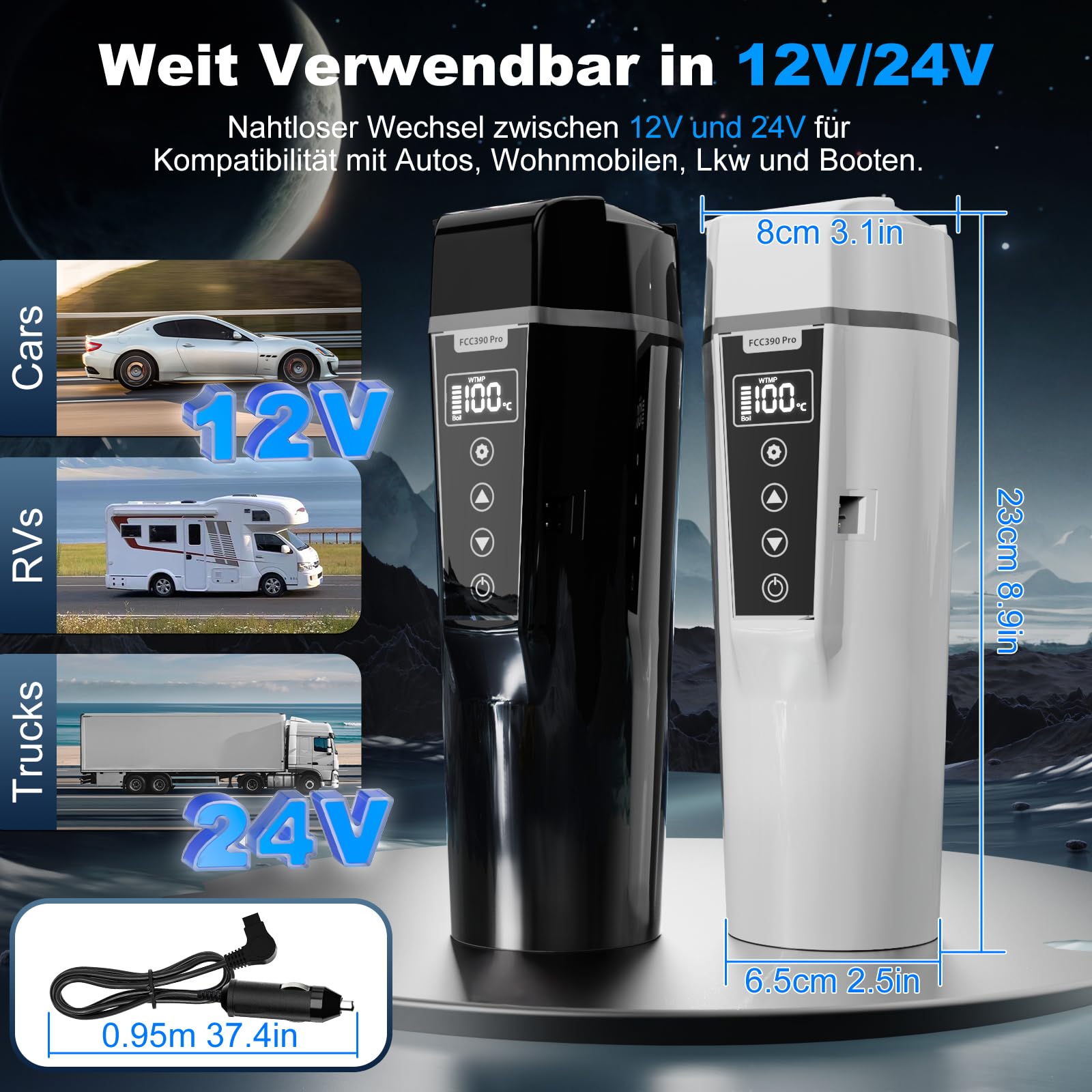 Elektrischer Wasserkocher für das Auto, 12 V/24 V, tragbarer Reisewasserkocher für LKW, Kaffee- und Teemaschine mit Innenmaterial aus Edelstahl 304, Temperaturregelung, 450 ml