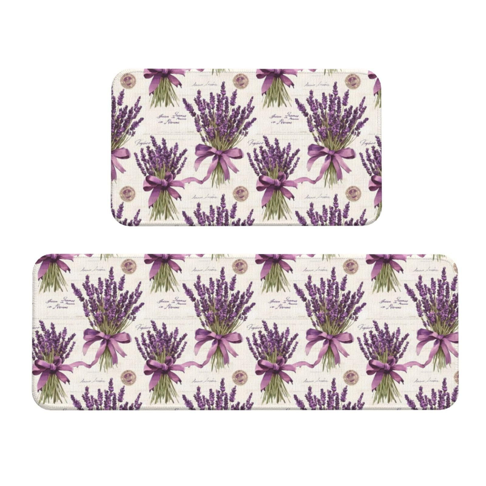 GVYGVY Antifatigue Kitchen Mats for Floor 2 Piece - Purple Lavender Print Kitchen Rugs Washable, Non Slip Runner Rug Standing Mat for Office/Bathroom/Laundry/Home Decor and Accessories