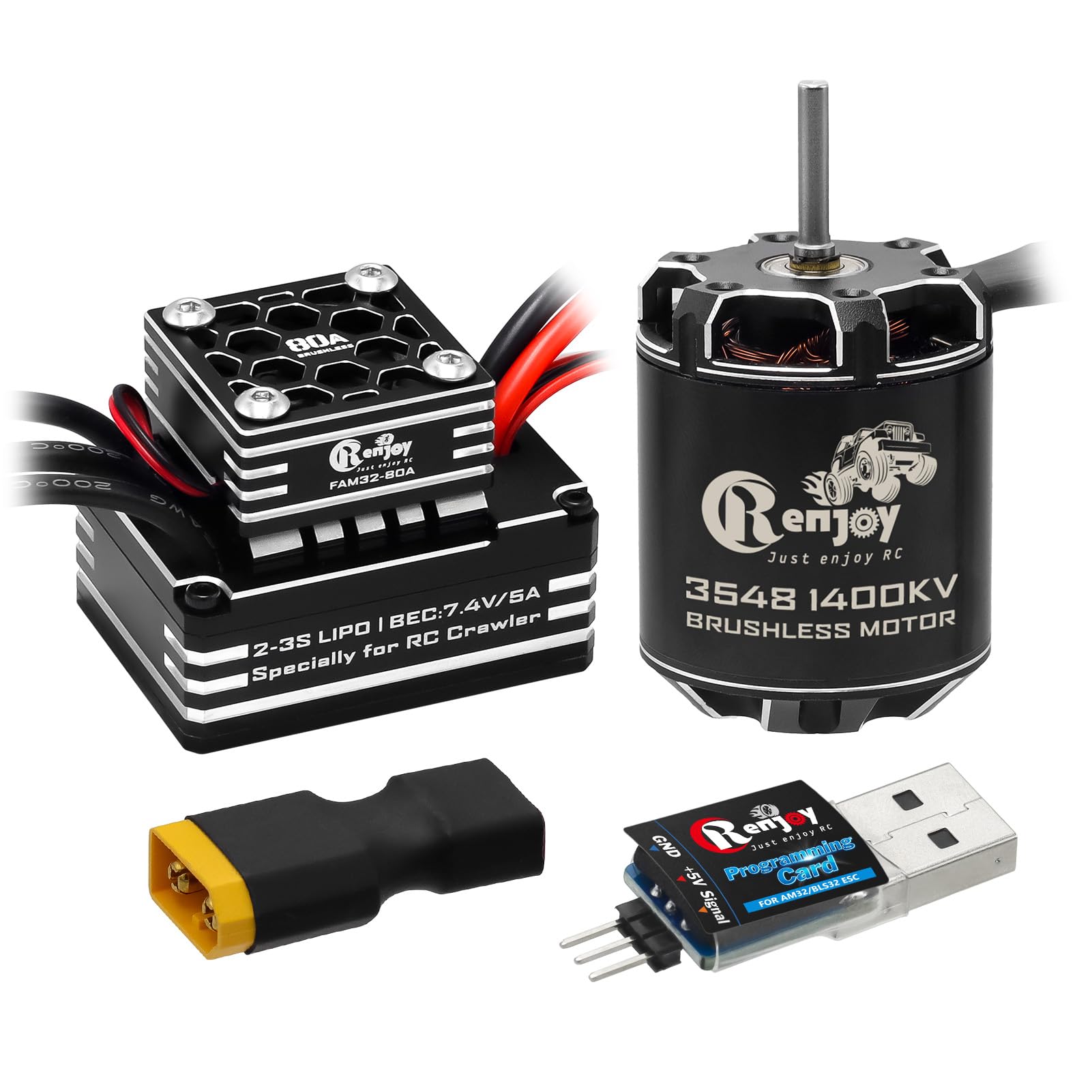 RCENJOY 3548 1400KV Brushless Outrunner Motor with AM32 80A Brushless ESC Electric Speed Controller and USB Linker Programming Card for 1/10 Remote Control Crawler Upgrade