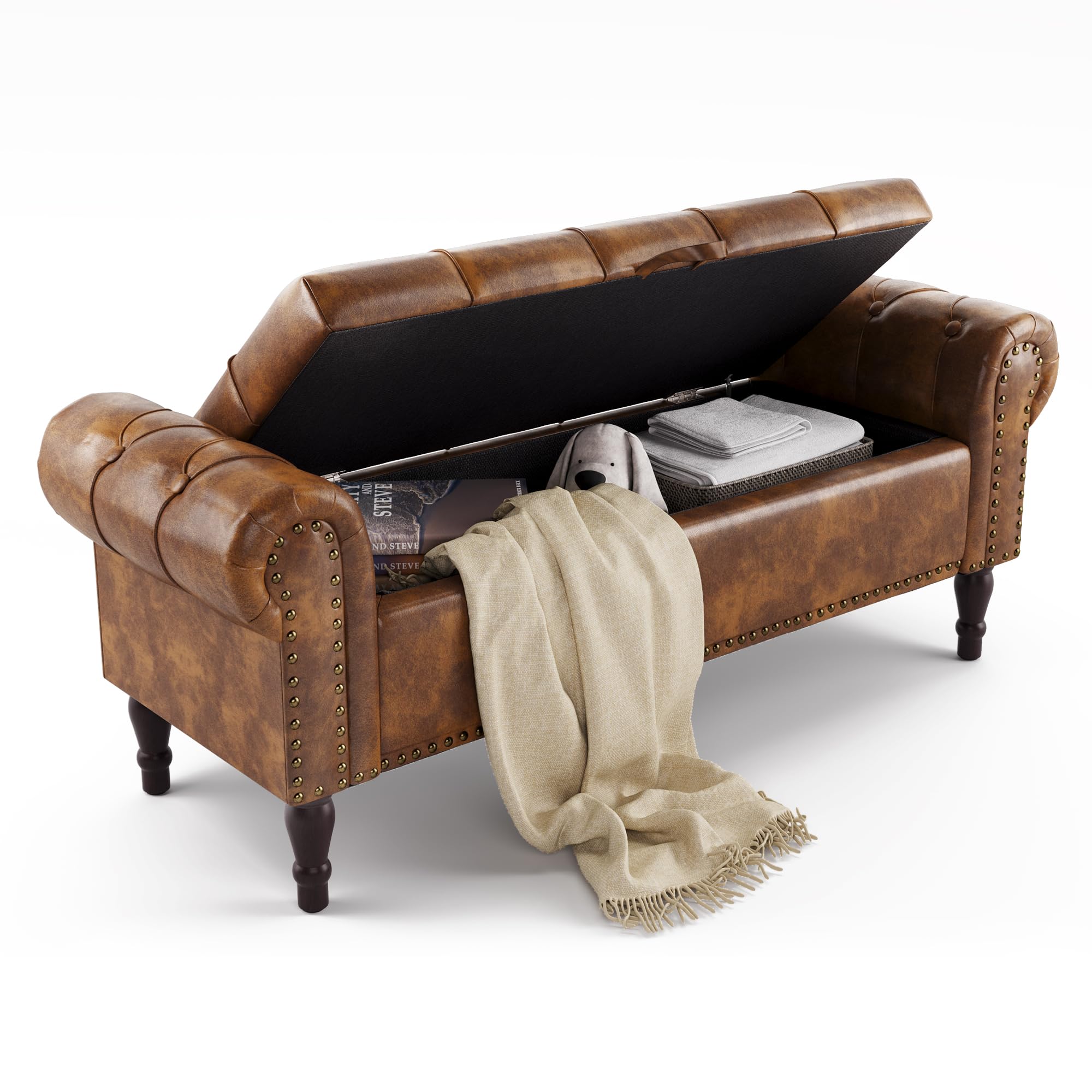 LUE BONA 130cm Banco de Almacenamiento,Banco Descalzadora Almacenaje Otomana PU con Tapa de Bisagras, Patas Madera y Reposabrazos Enrollados,para Dormitorio Entrada Pasillo,130 X 43 X 50 cm,Marrón