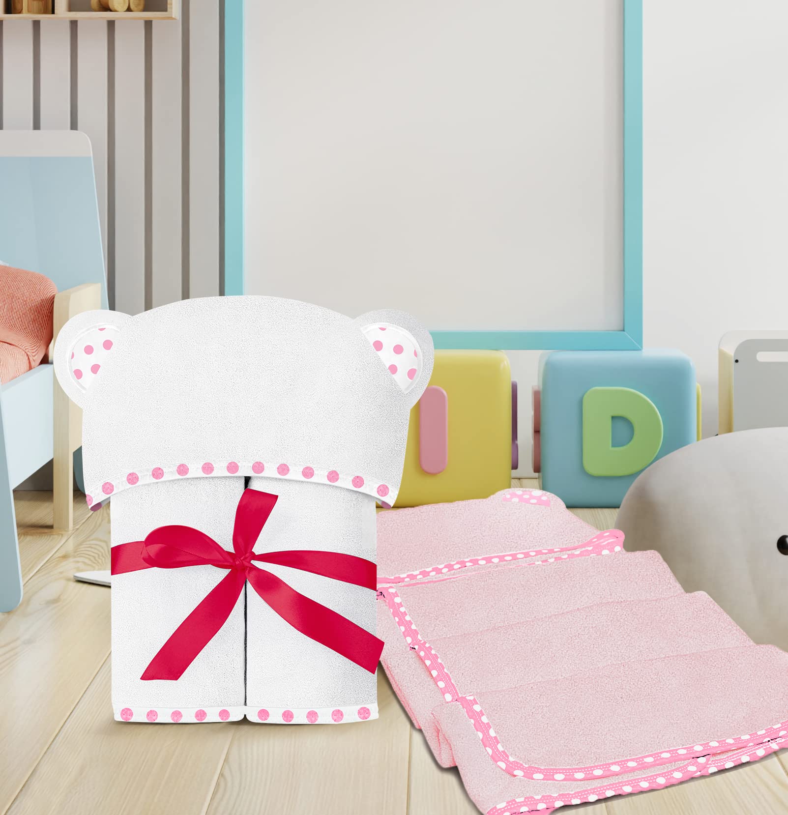 Hikyskin Set of 2 Bamboo Hooded Baby Towels – Luxurious, Large and Super Absorbent – 30 x 30 Inch – Soft and Suitable for Infants, Toddlers and Kids – 400 gsm (White and Pink)
